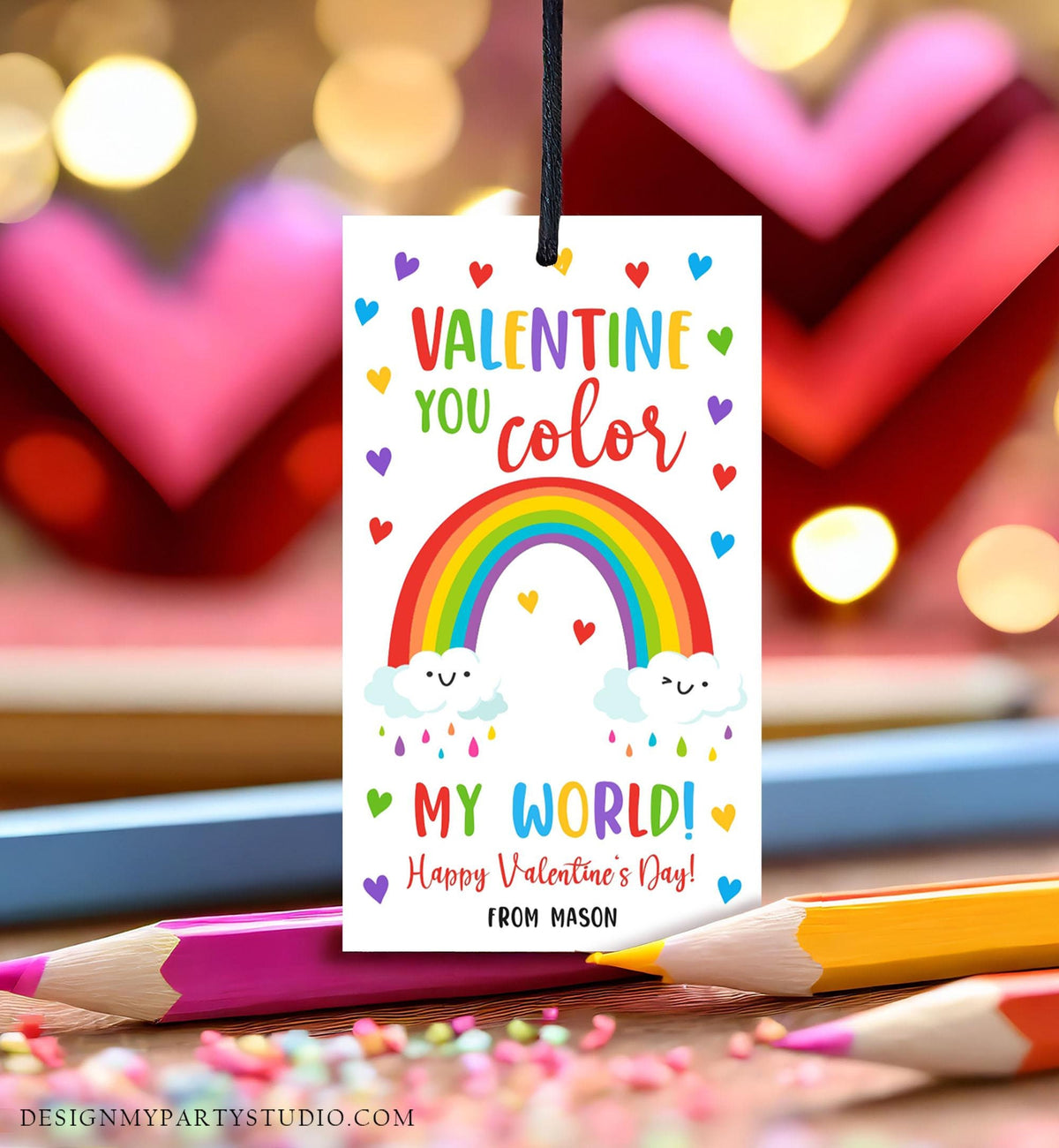 Editable Rainbow Valentine&#39;s Day Gift Tag You Color My World Valentine Card Crayon Classroom School Digital Download Template Printable 0370