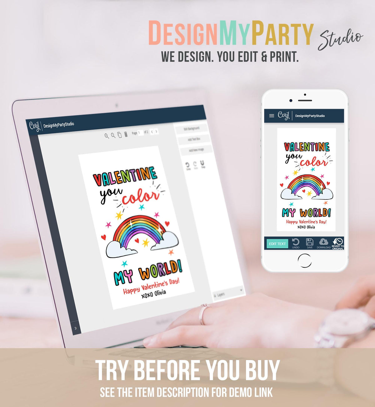 Editable Rainbow Valentine&#39;s Day Gift Tag You Color My World Valentine Card Crayon Classroom School Digital Download Template Printable 0370