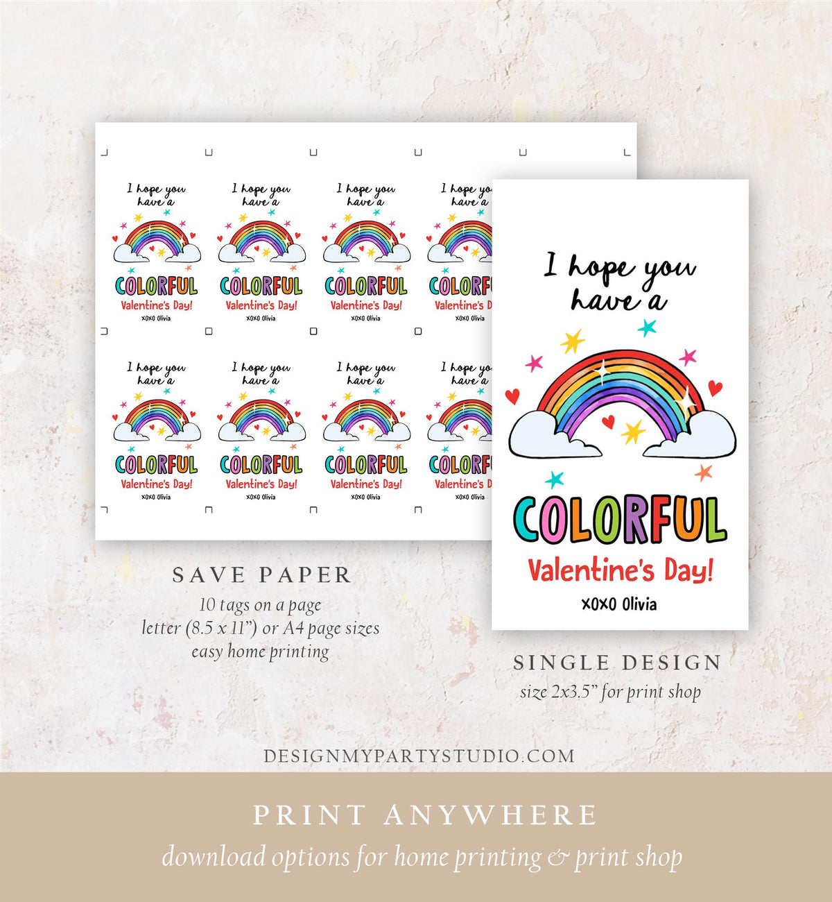 Editable Rainbow Valentine&#39;s Day Gift Tag Color Colorful Valentine Card Crayon Classroom School Digital Download Template Printable 0370
