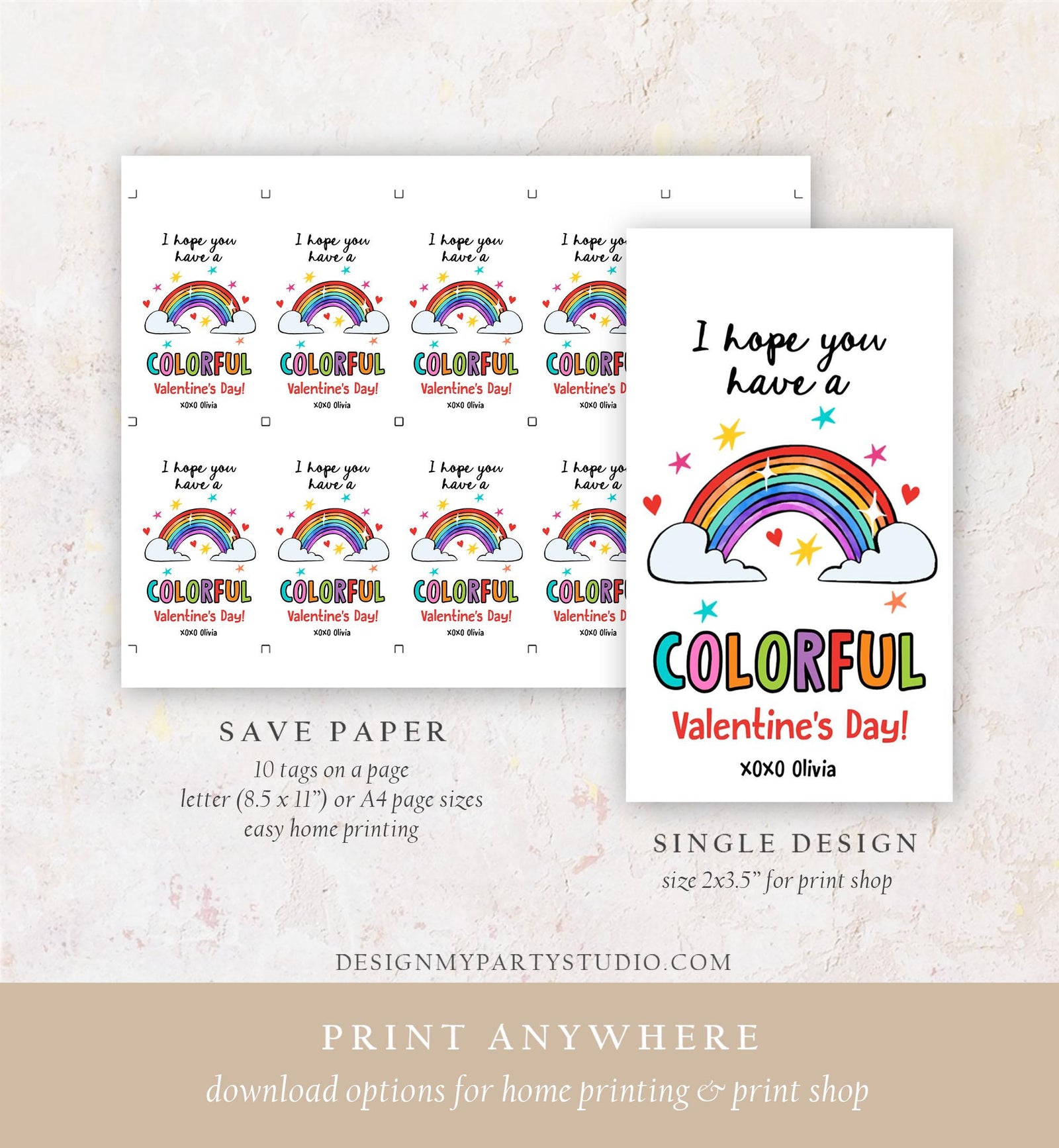 Editable Rainbow Valentine's Day Gift Tag Color Colorful Valentine Card Crayon Classroom School Digital Download Template Printable 0370