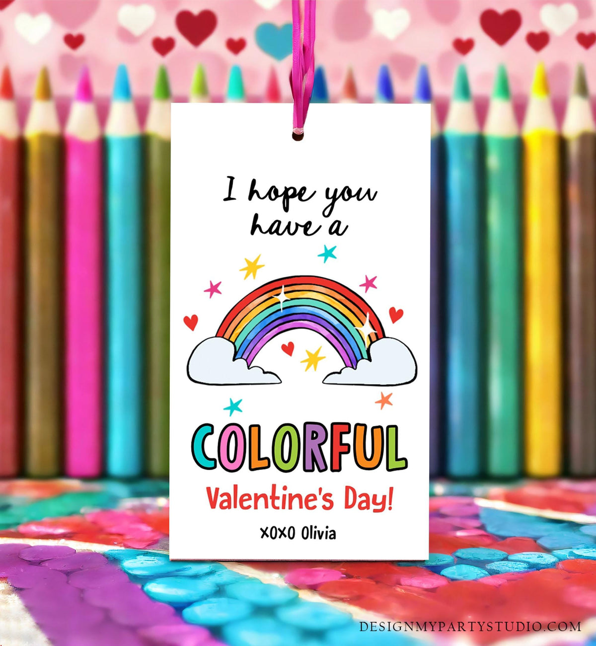 Editable Rainbow Valentine&#39;s Day Gift Tag Color Colorful Valentine Card Crayon Classroom School Digital Download Template Printable 0370