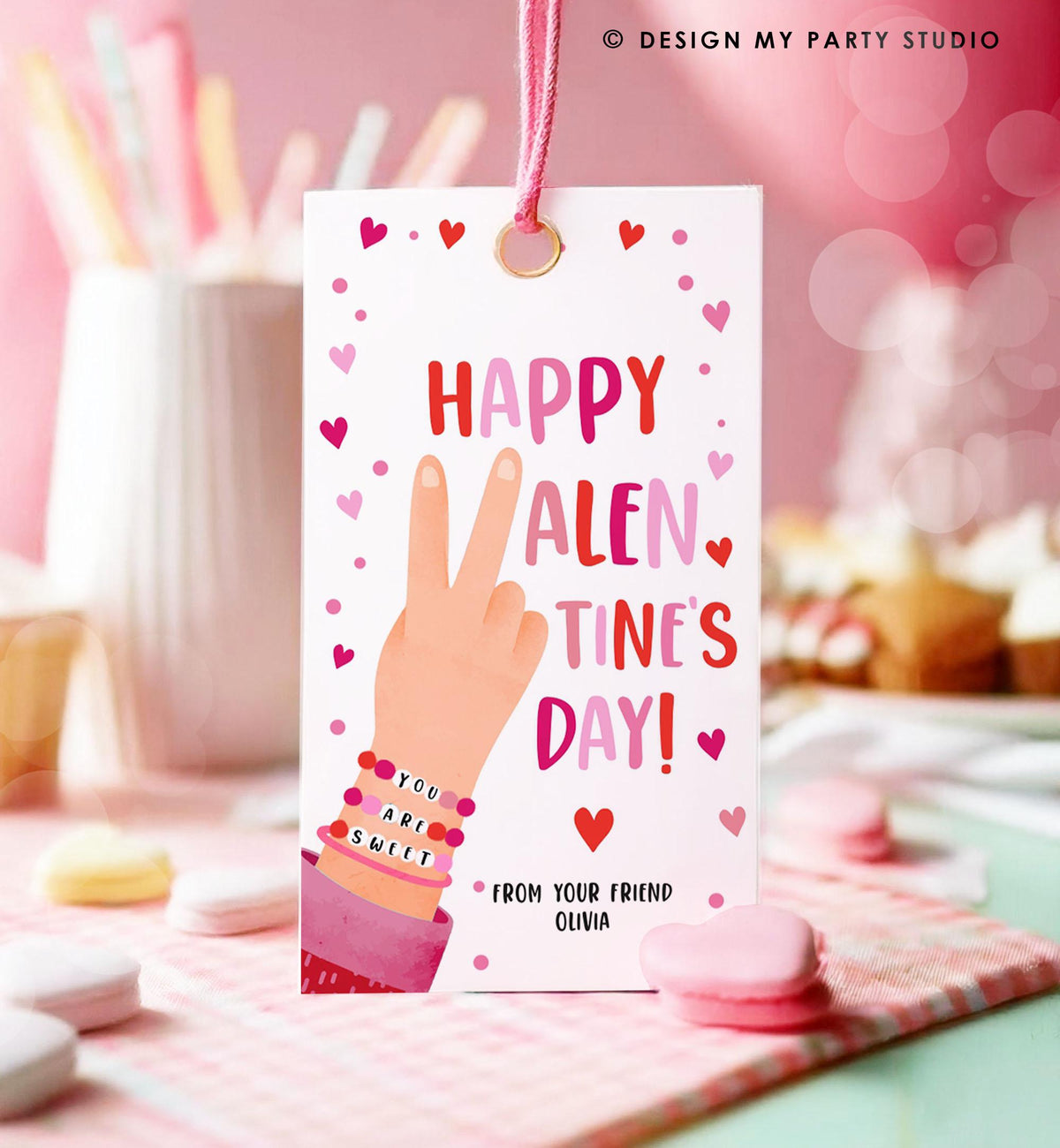 Editable Bracelet Valentines Tag Happy Valentine&#39;s Day Gift Tag Card You Are Sweet Girls Kids School Classroom Digital Printable 0370