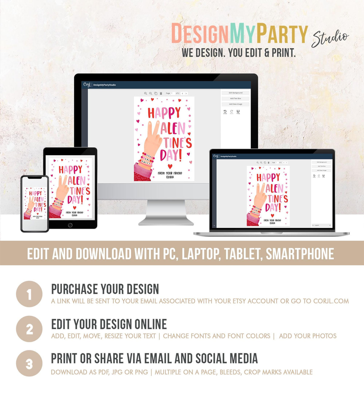 Editable Bracelet Valentines Card Happy Valentine&#39;s Day Gift Tag You Are Sweet Girls Kids School Classroom Digital Download Printable 0370