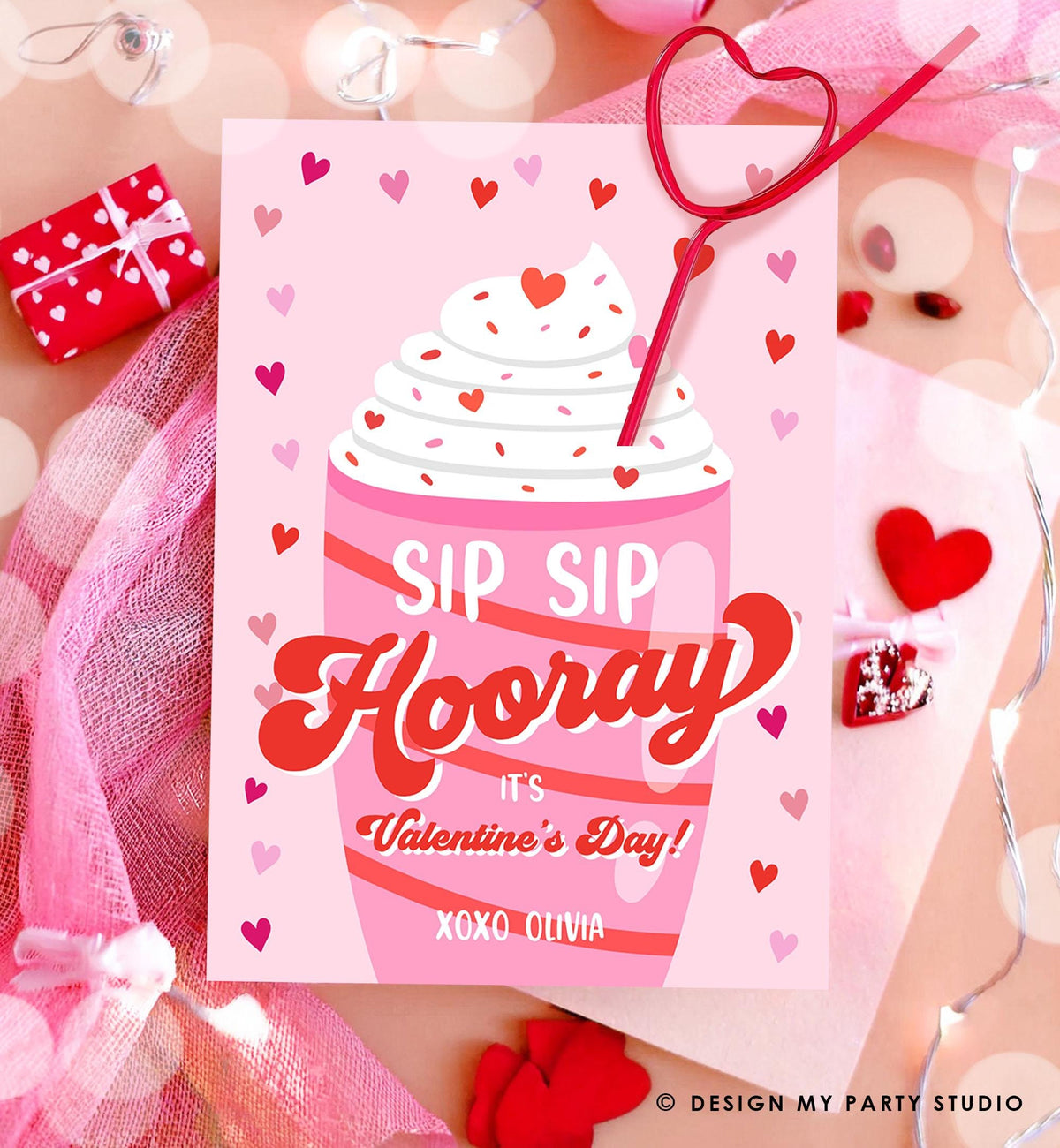 Editable Silly Straw Valentine Card Sip Sip Hooray It&#39;s Valentine&#39;s Day Crazy Straw Kids School Classroom Digital Download Printable 0370