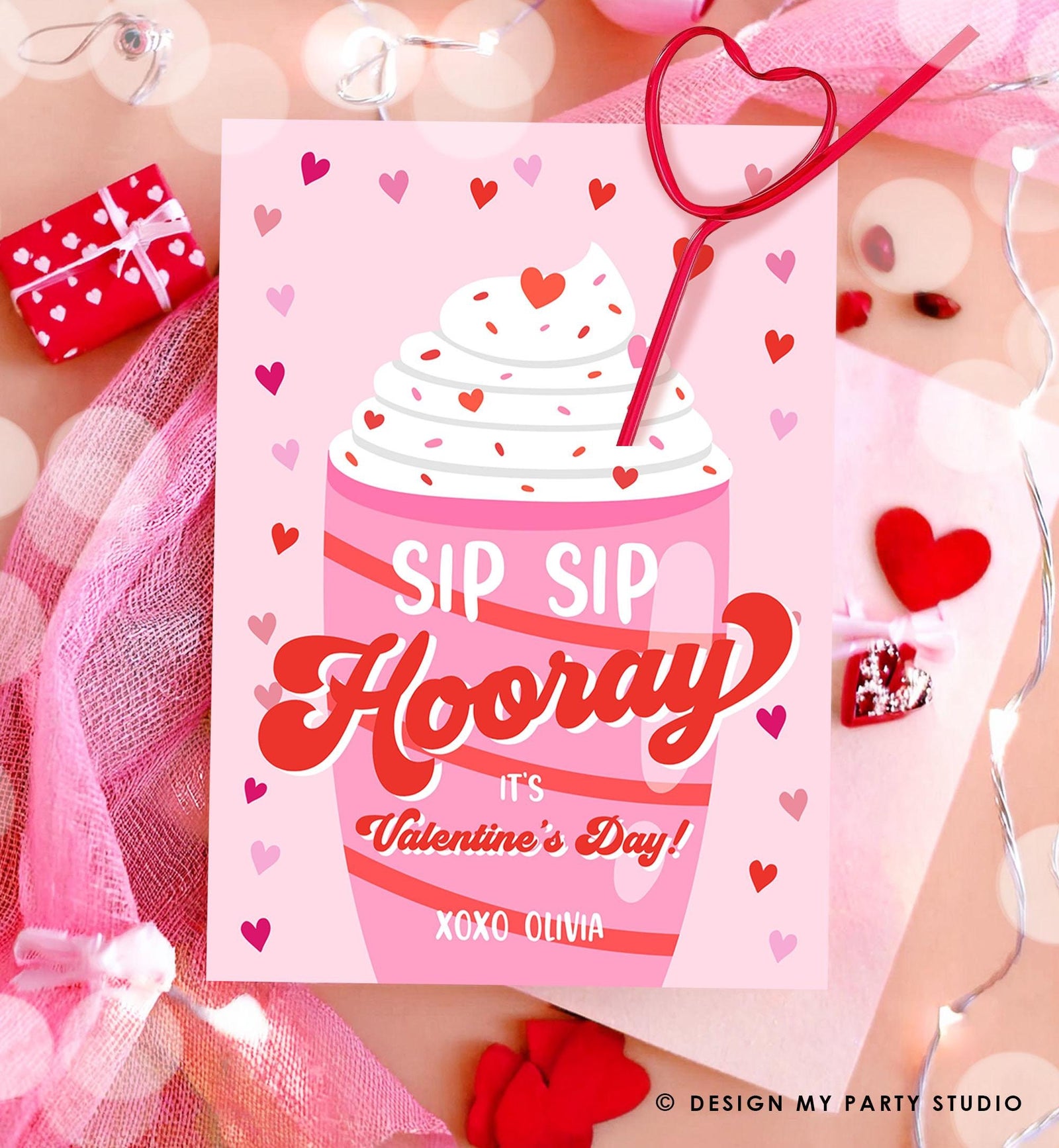 Editable Silly Straw Valentine Card Sip Sip Hooray It's Valentine's Day Crazy Straw Kids School Classroom Digital Download Printable 0370