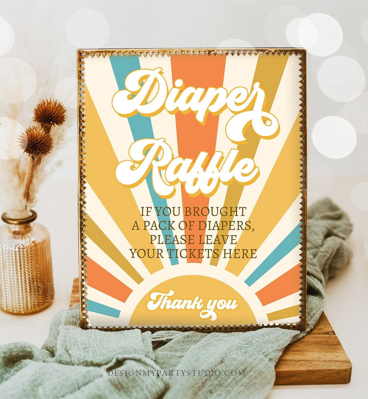 Diaper Raffle Sunshine Baby Shower Sign Here Comes the Son Sun Groovy Retro Boy Activity Party Decor Digital Download Printable 0457