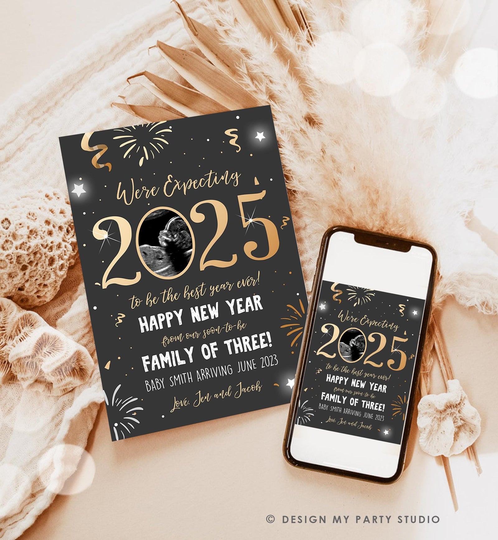 Editable New Year Pregnancy Reveal Card Pregnancy Announcement New Years 2025 Ultrasound Card Instant Download Digital Corjl Template 0280