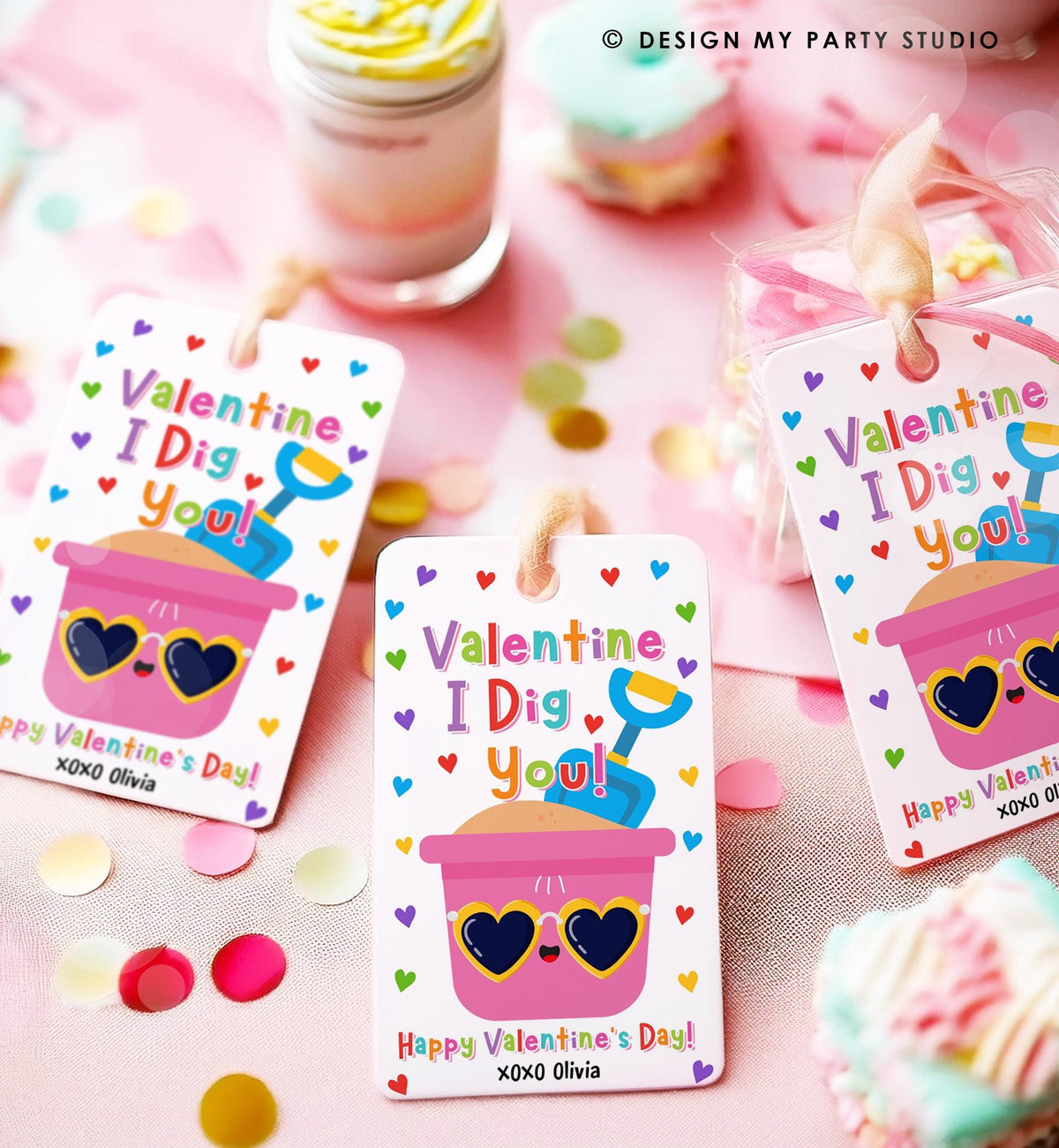 Editable Valentine I Dig You Valentines Day Gift Tag Pink Girl Shovel Bucket Beach Sand Favor Kids School Classroom Template Printable 0370