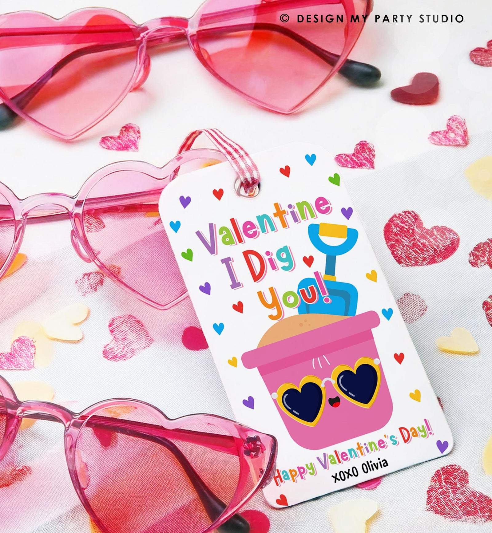 Editable Valentine I Dig You Valentines Day Gift Tag Pink Girl Shovel Bucket Beach Sand Favor Kids School Classroom Template Printable 0370