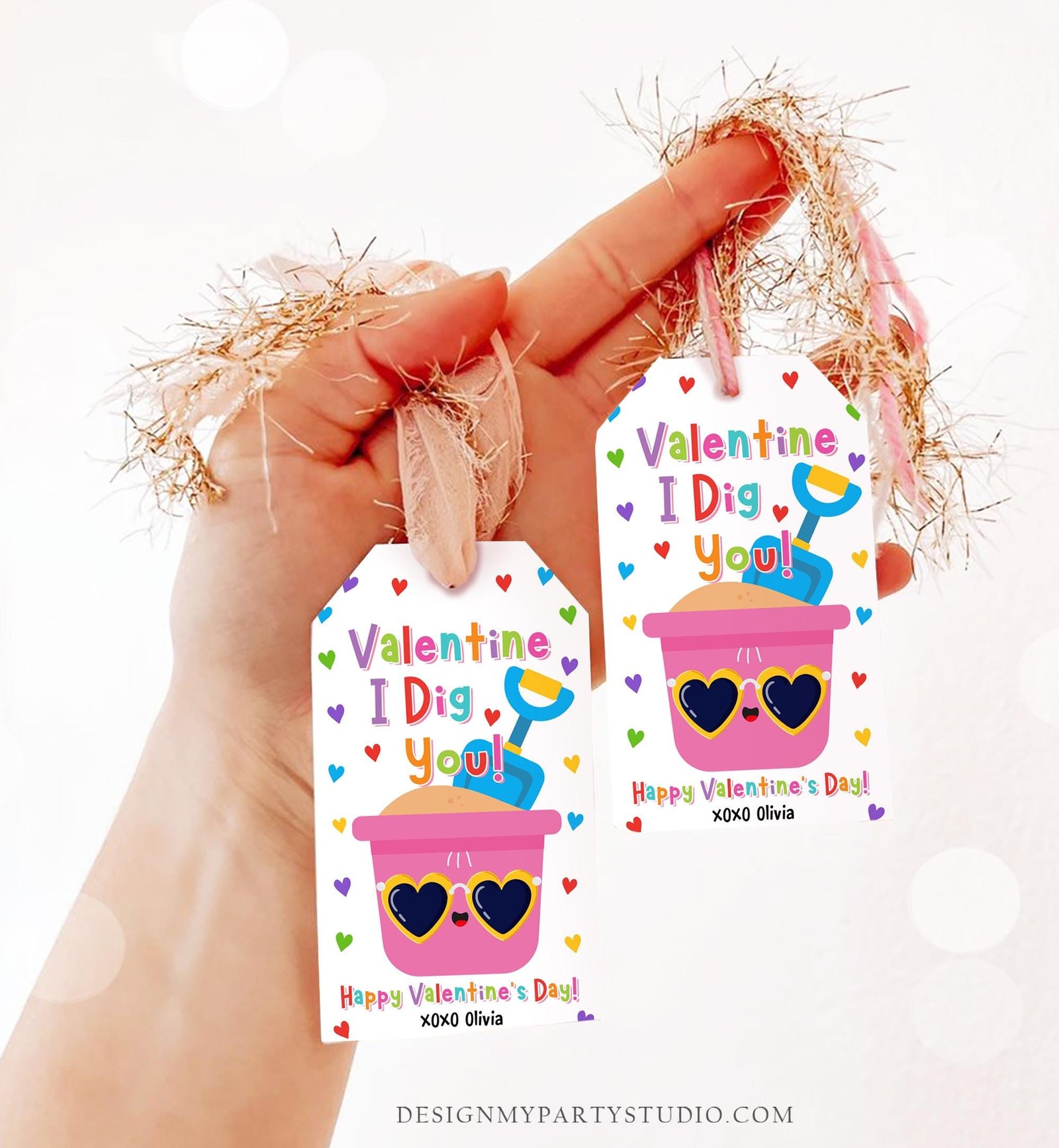 Editable Valentine I Dig You Valentines Day Gift Tag Pink Girl Shovel Bucket Beach Sand Favor Kids School Classroom Template Printable 0370