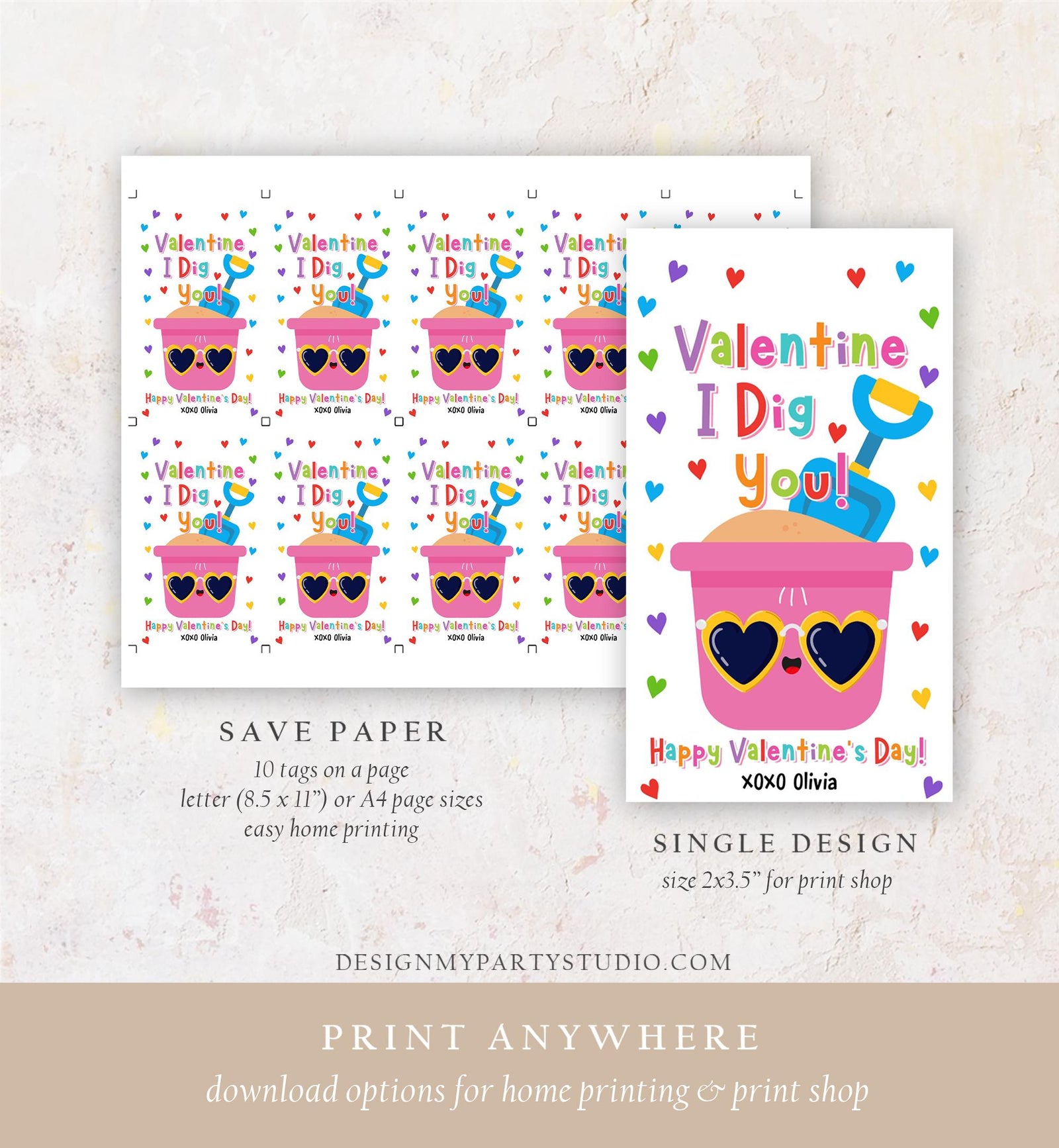Editable Valentine I Dig You Valentines Day Gift Tag Pink Girl Shovel Bucket Beach Sand Favor Kids School Classroom Template Printable 0370