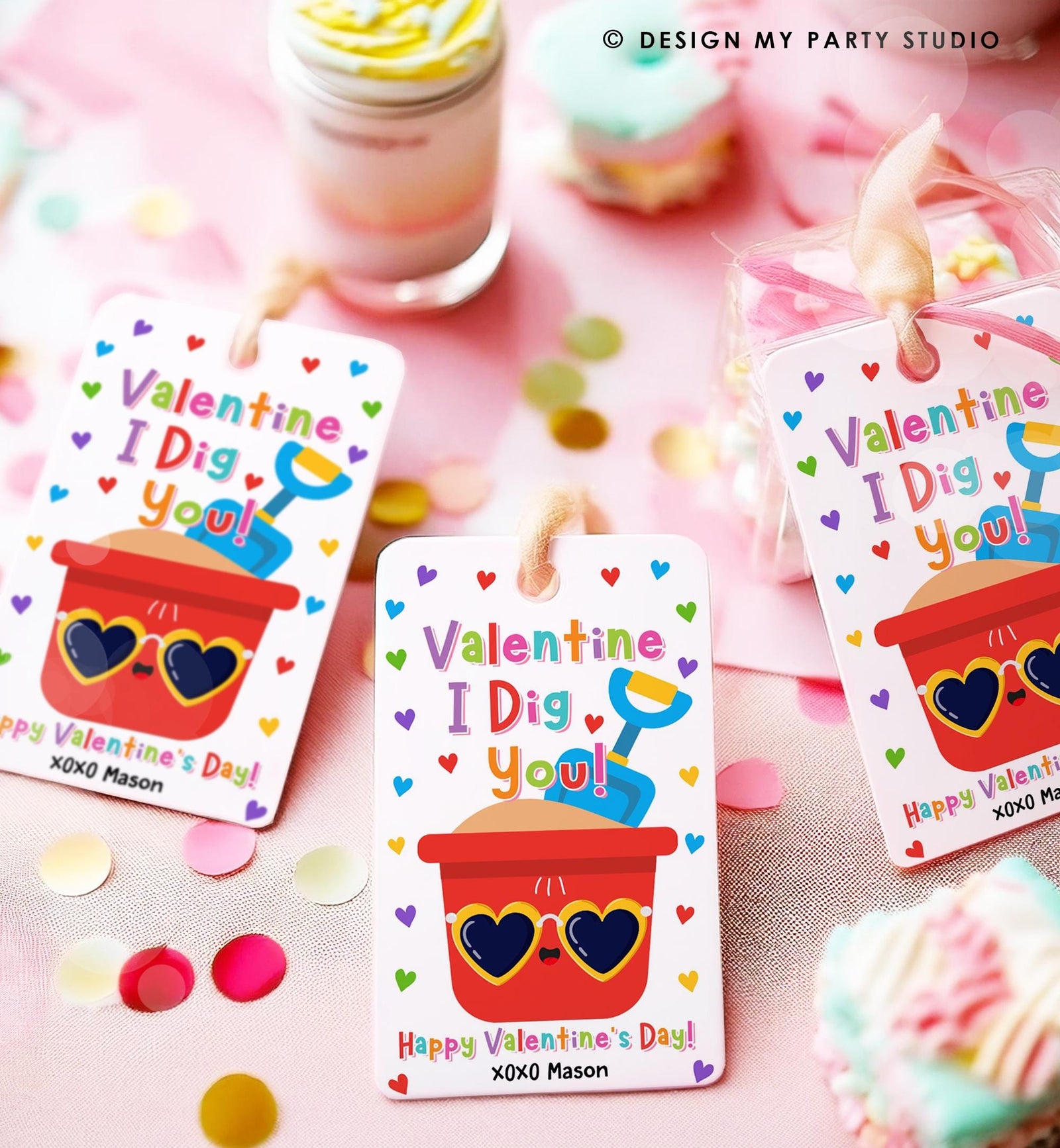 Editable Valentine I Dig You Valentines Day Gift Tag Red Boy Shovel Bucket Beach Sand Favor Kids School Classroom Template Printable 0370