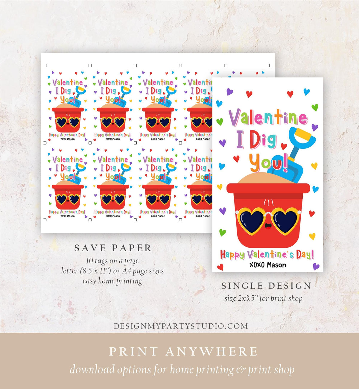 Editable Valentine I Dig You Valentines Day Gift Tag Red Boy Shovel Bucket Beach Sand Favor Kids School Classroom Template Printable 0370