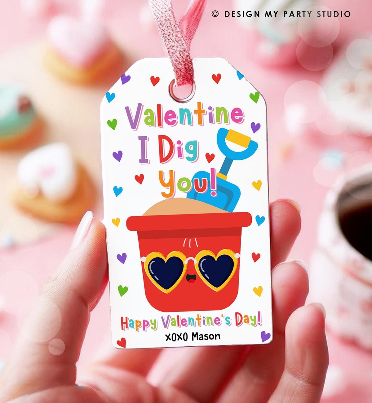 Editable Valentine I Dig You Valentines Day Gift Tag Red Boy Shovel Bucket Beach Sand Favor Kids School Classroom Template Printable 0370