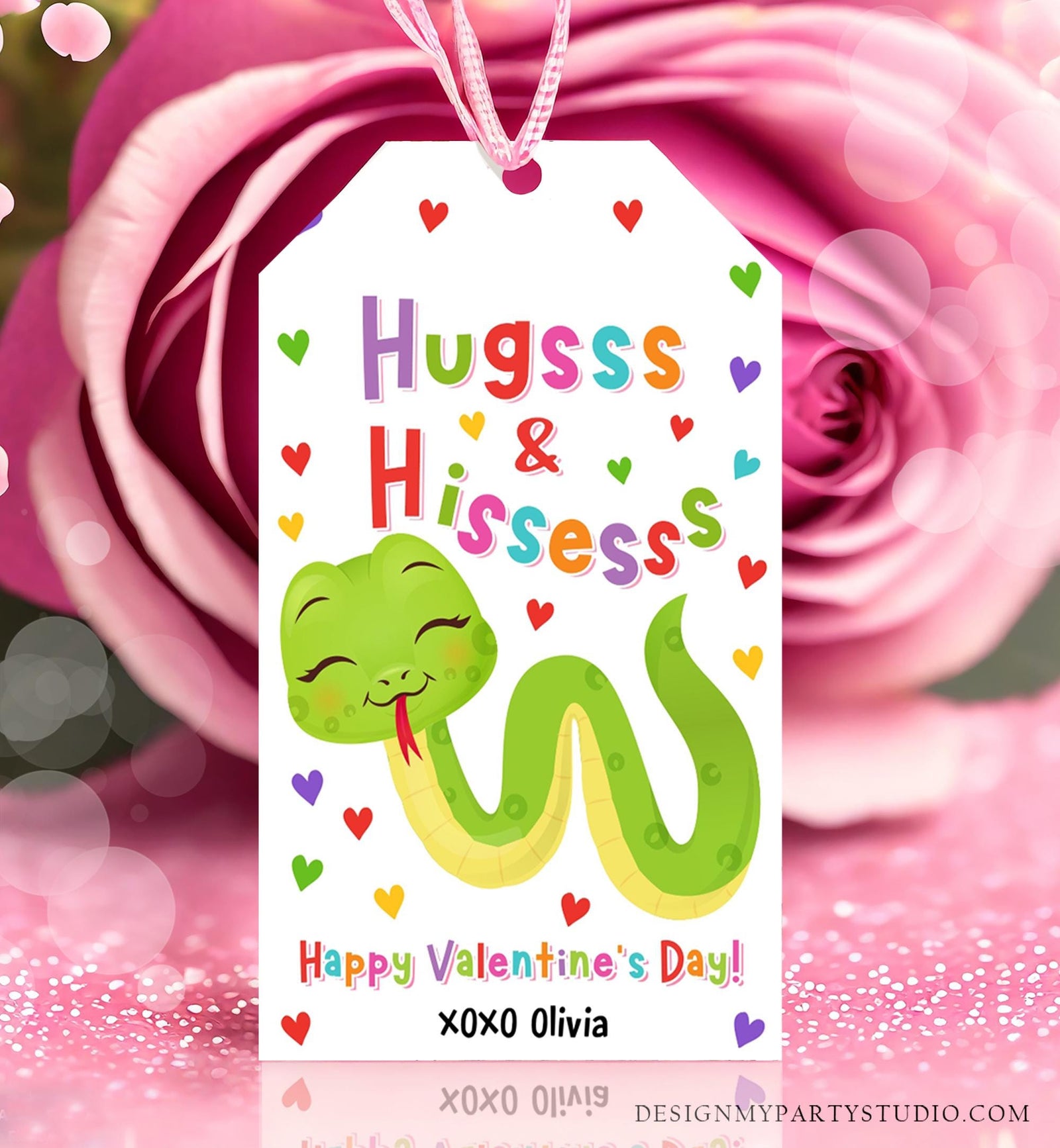 Editable Hugs and Hisses Valentines Day Gift Tag Valentine Snake Reptile Goody Bag Favor Kids School Classroom Template Printable 0370