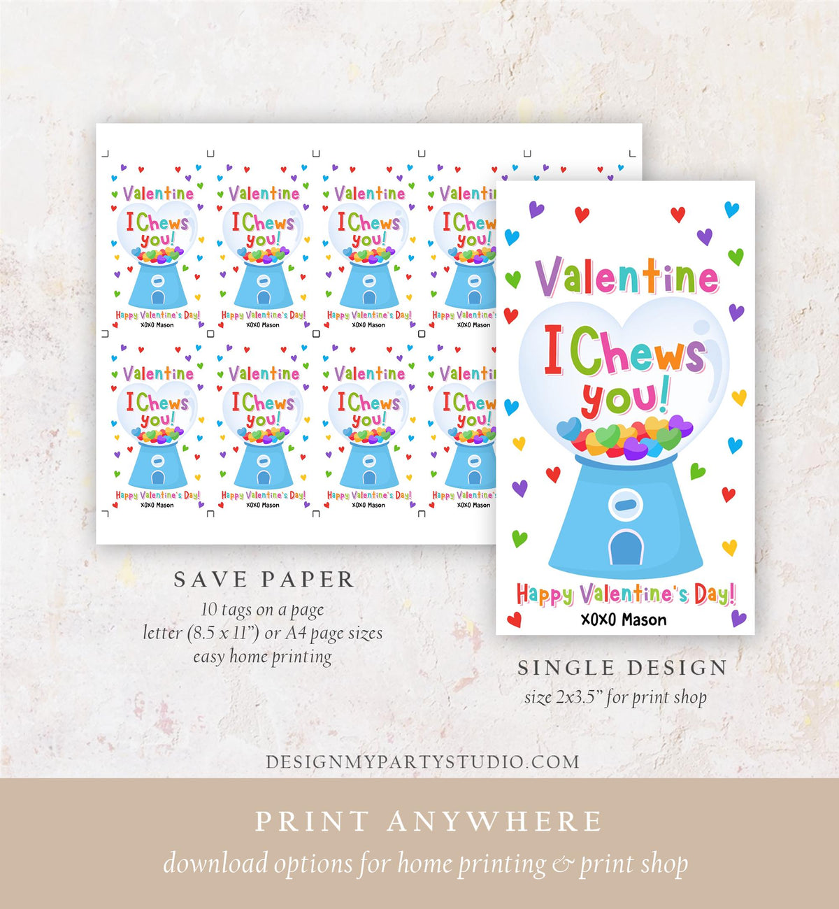 Editable I Chews You Valentines Day Gift Tag Valentine Boy Gumball Machine Bubble Gum Favor Kids School Classroom Template Printable 0370