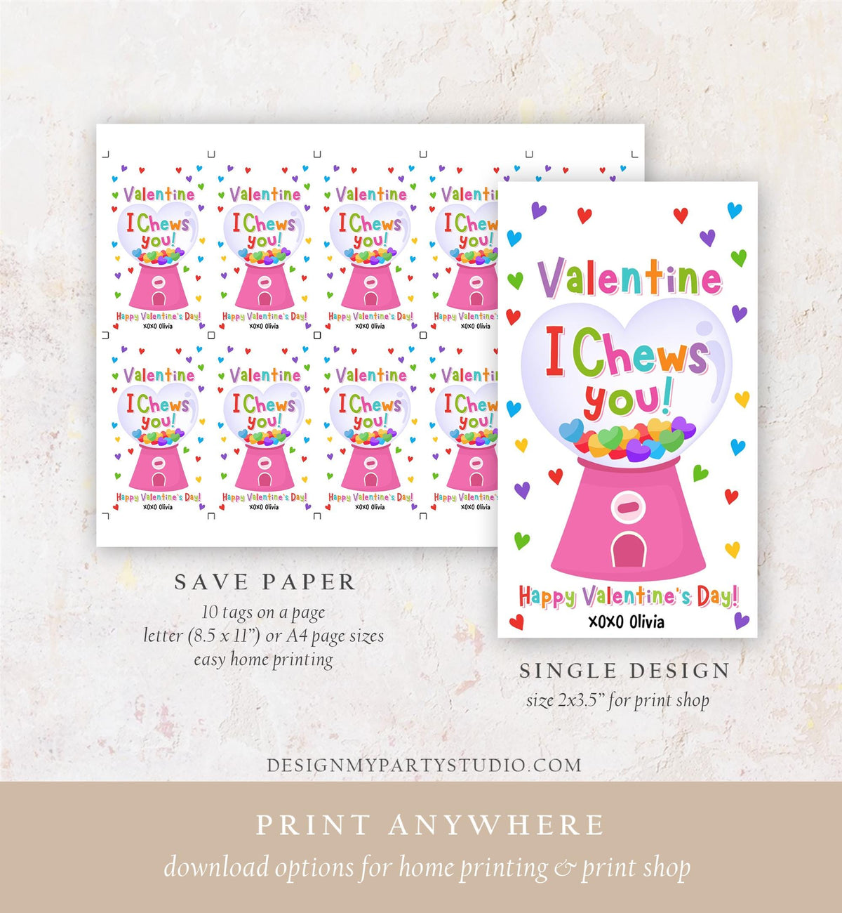 Editable I Chews You Valentines Day Gift Tag Valentine Girl Gumball Machine Bubble Gum Favor Kids School Classroom Template Printable 0370
