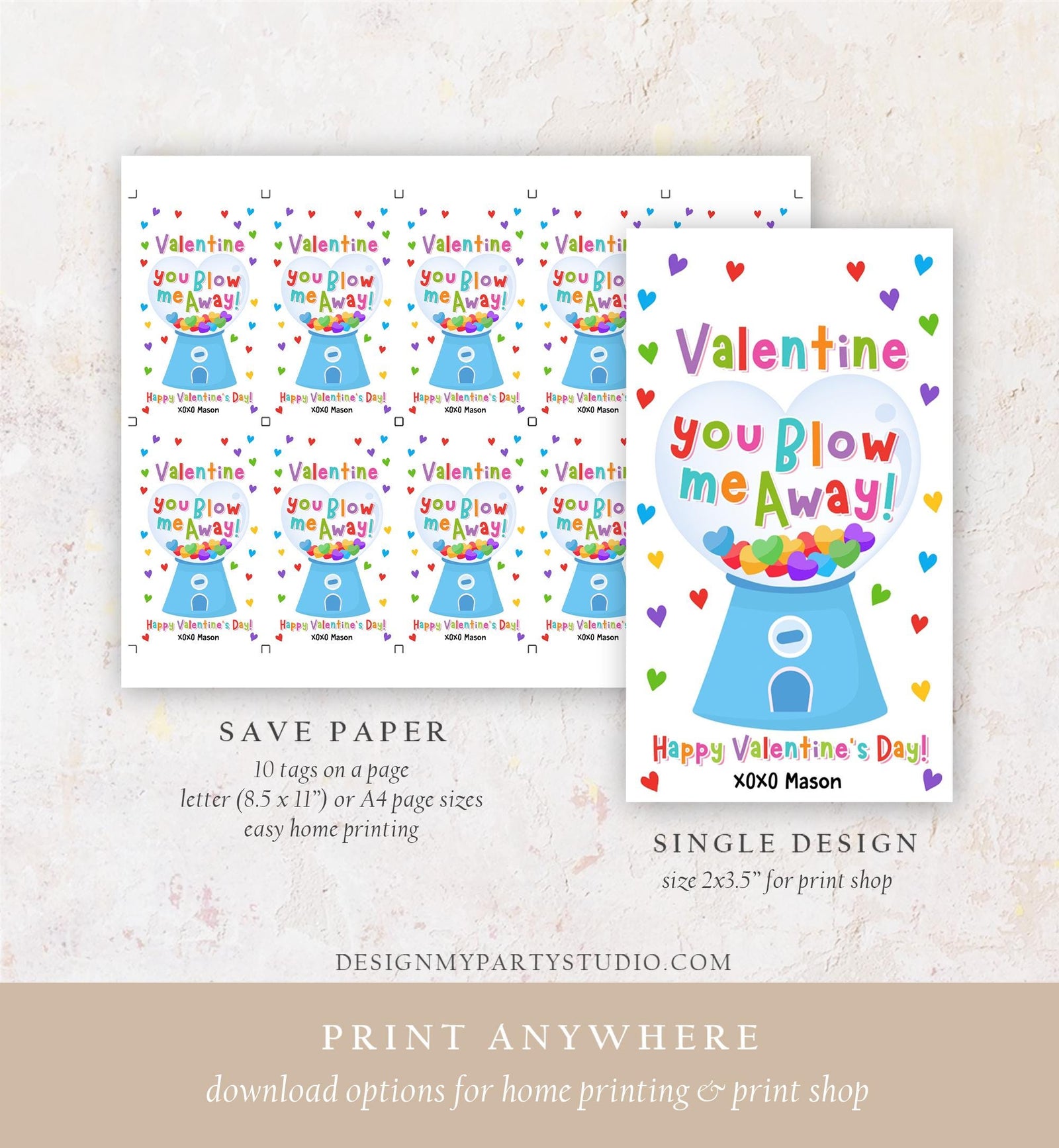 Editable Valentine You Blow Me Away Valentines Day Gift Tag Boy Gumball Machine Bubble Gum Kids School Classroom Template Printable 0370