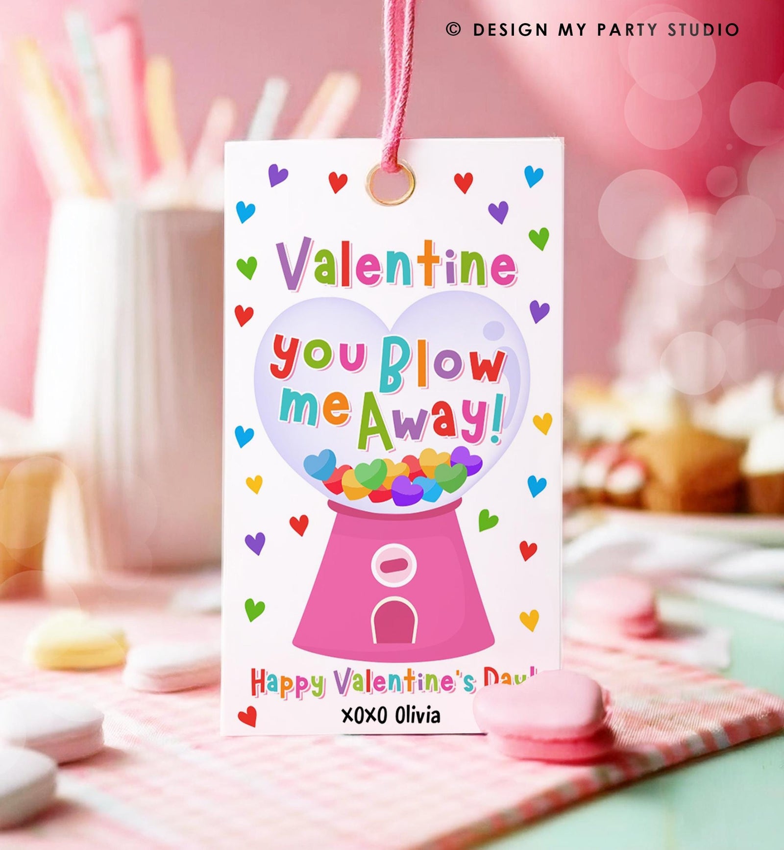 Editable Valentine You Blow Me Away Valentines Day Gift Tag Girl Gumball Machine Bubble Gum Kids School Classroom Template Printable 0370
