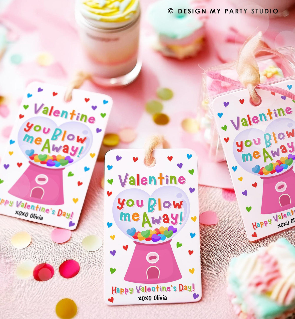 Editable Valentine You Blow Me Away Valentines Day Gift Tag Girl Gumball Machine Bubble Gum Kids School Classroom Template Printable 0370