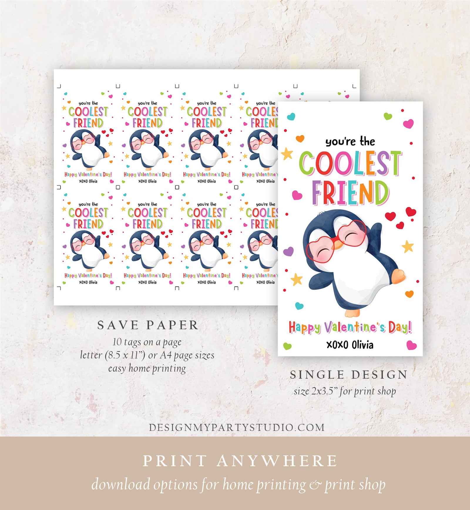 Editable You're the Coolest Friend Valentines Day Gift Tag Valentine Penguin Goody Bag Favor Kids School Classroom Template Printable 0370