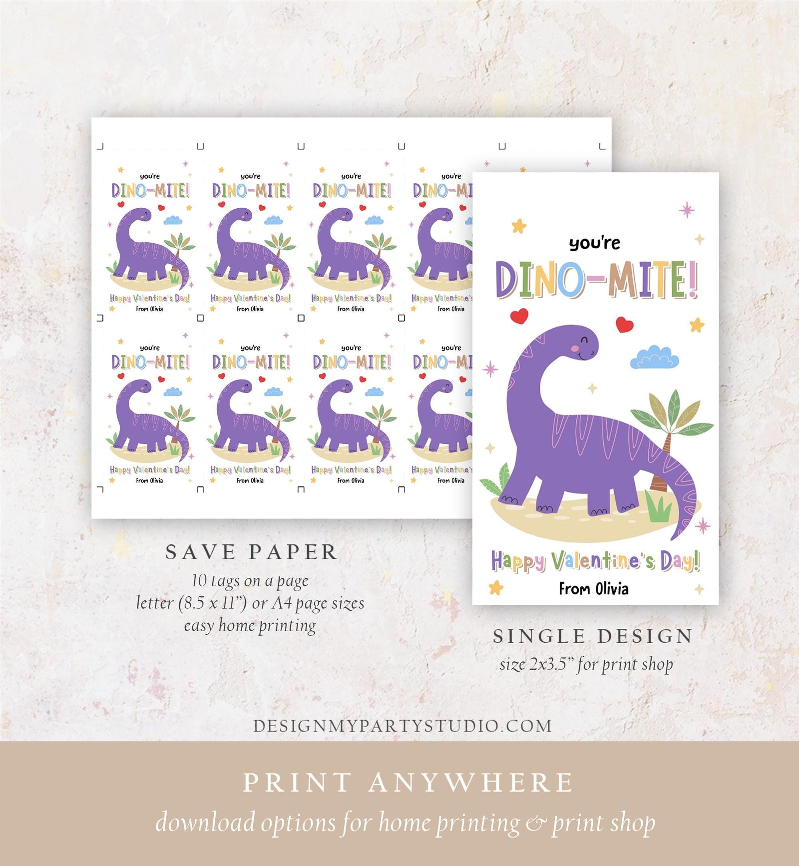 Editable You're Dino-Mite Valentines Day Gift Tag Dinosaur Dino Dinomite Card Favor Kids School Classroom Template Printable 0370