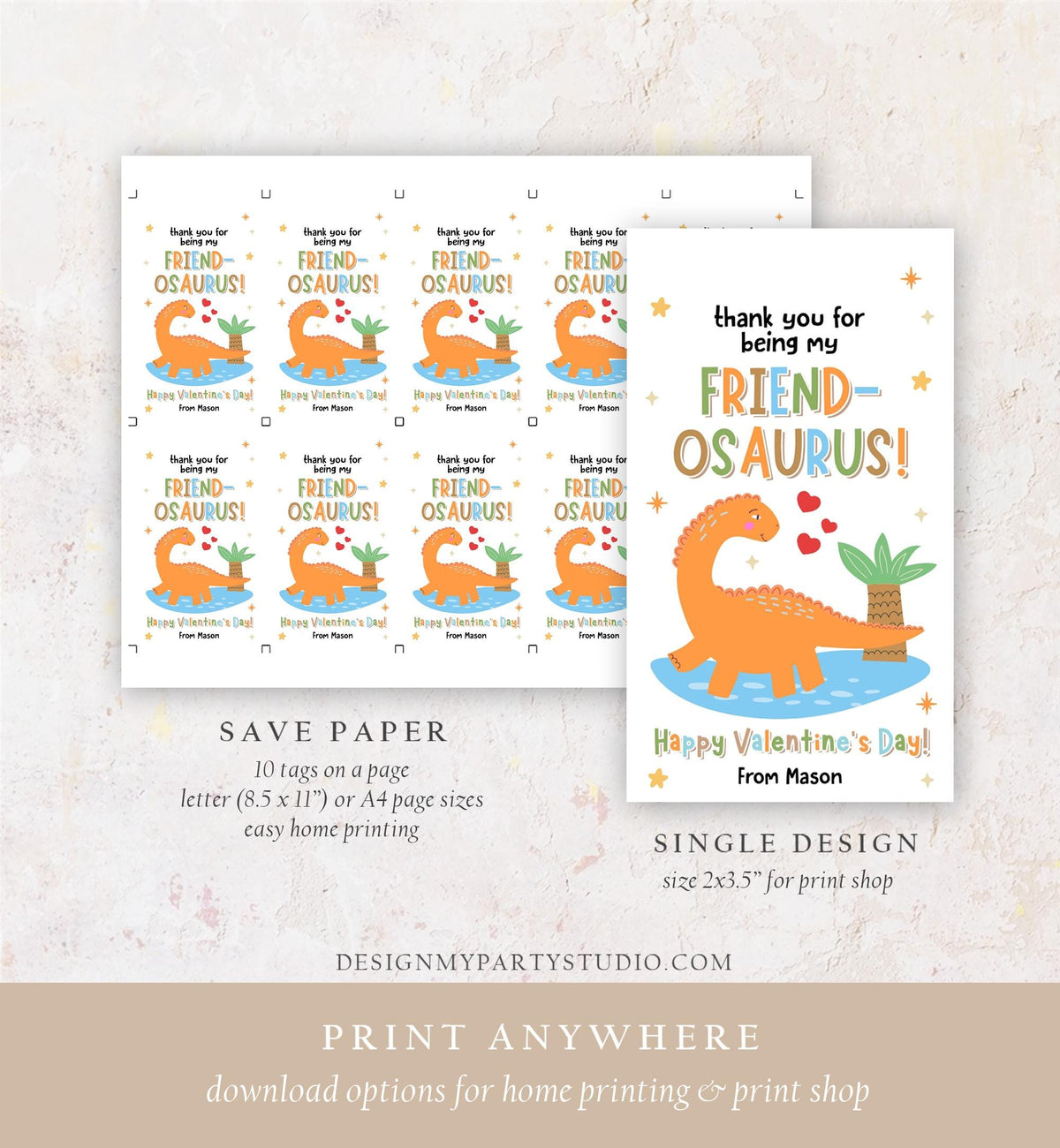 Editable Friend-Osaurus Valentines Day Gift Tag Dinosaur Dino Friendosaurus Card Favor Kids School Classroom Template Printable 0370