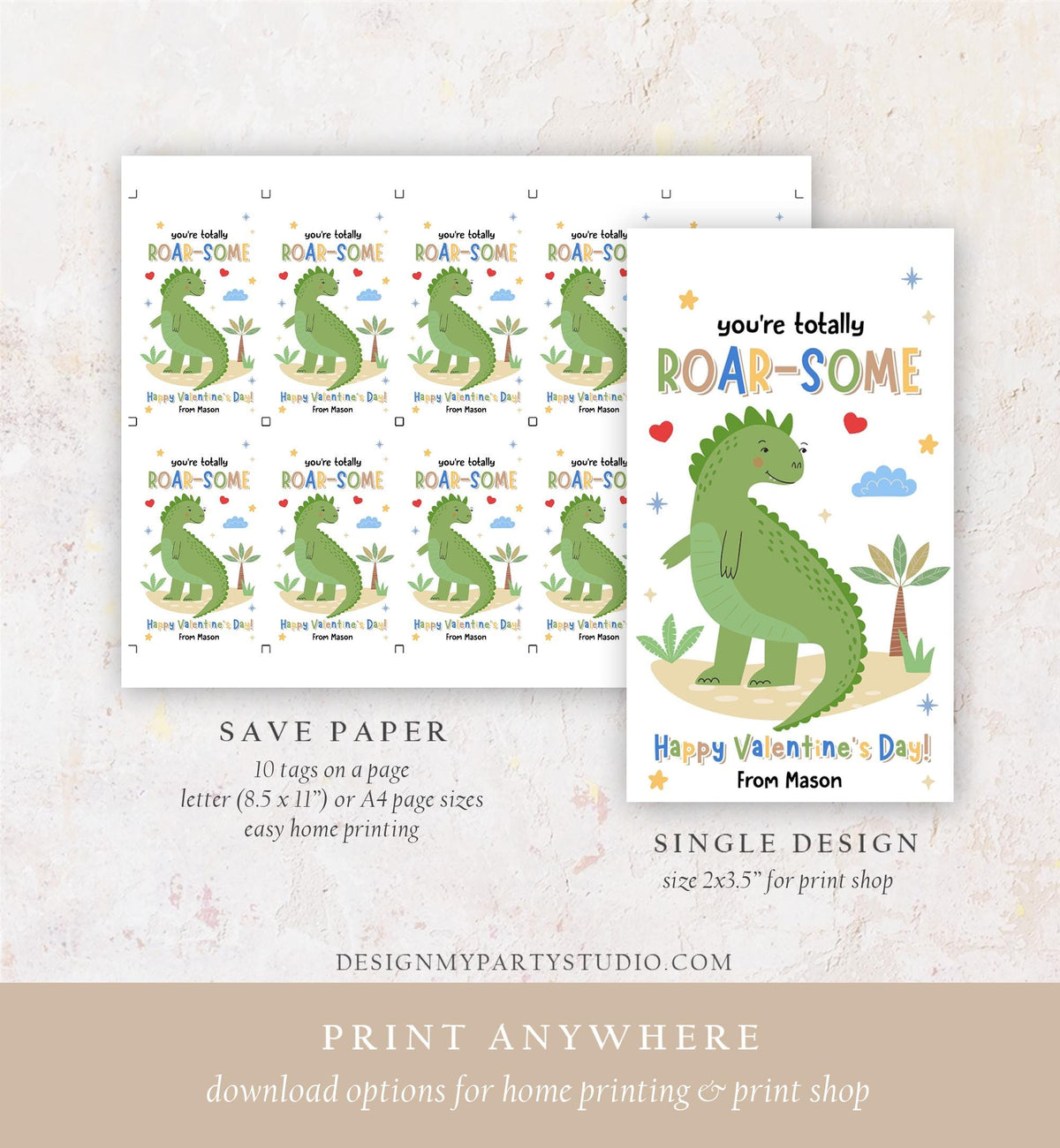 Editable Roar-Some Valentines Day Gift Tag Dinosaur Dino T-Rex Rawr Totally Roarsome Card Kids School Classroom Template Printable 0370
