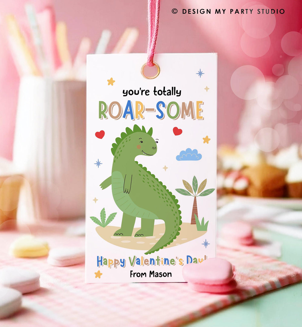 Editable Roar-Some Valentines Day Gift Tag Dinosaur Dino T-Rex Rawr Totally Roarsome Card Kids School Classroom Template Printable 0370