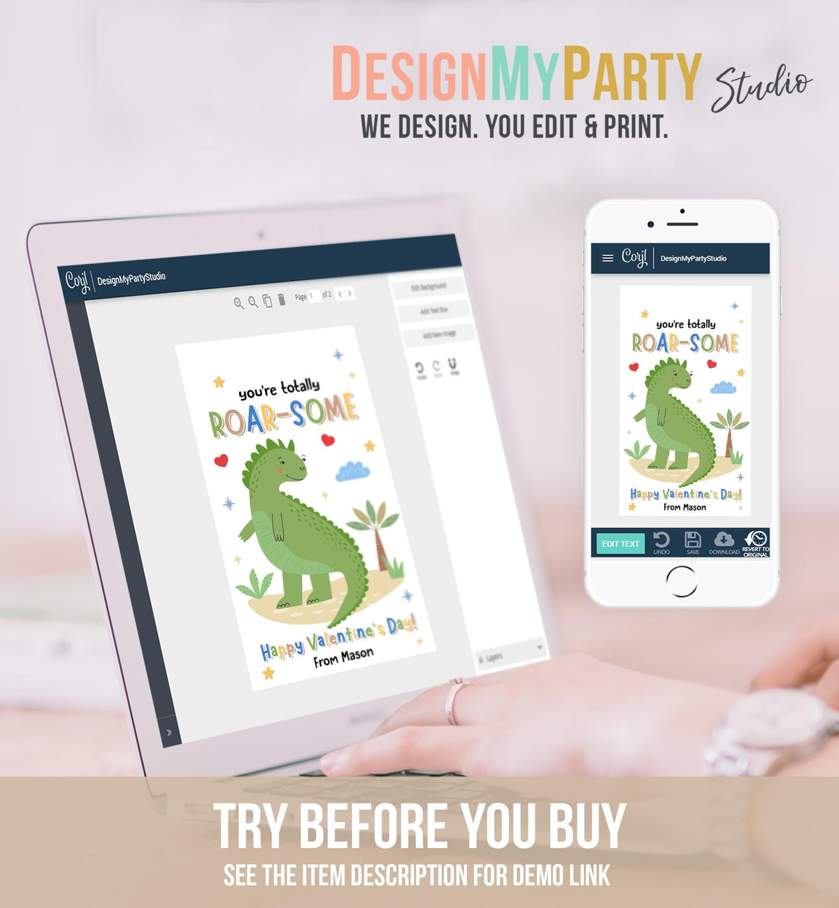 Editable Roar-Some Valentines Day Gift Tag Dinosaur Dino T-Rex Rawr Totally Roarsome Card Kids School Classroom Template Printable 0370