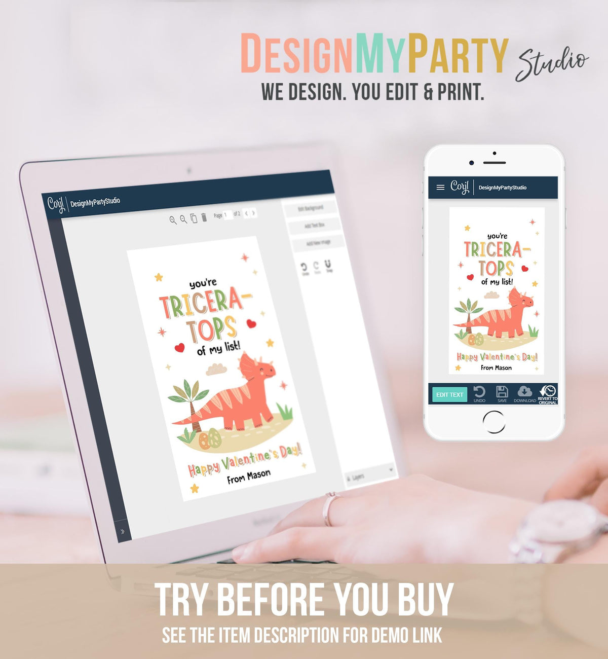 Editable You&#39;re Tricera-Tops Valentines Day Gift Tag Dinosaur Dino Triceratops Favor Card Kids School Classroom Template Printable 0370