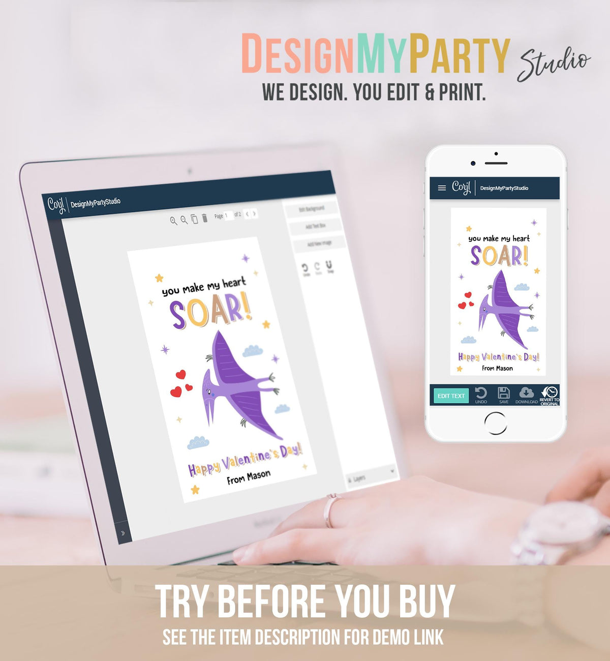 Editable You Make My Heart Soar Valentines Day Gift Tag Flying Dinosaur Dino Pterosaurs Card Kids School Classroom Template Printable 0370