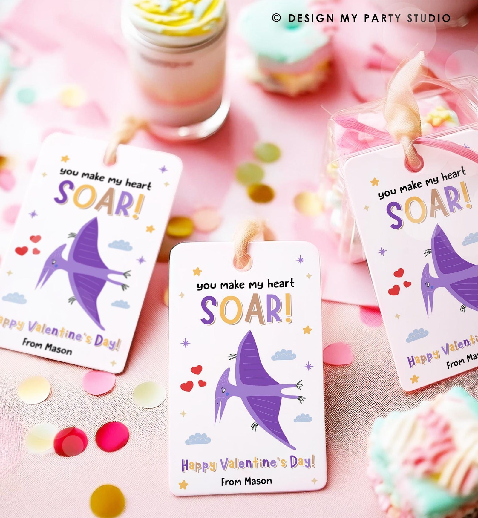 Editable You Make My Heart Soar Valentines Day Gift Tag Flying Dinosaur Dino Pterosaurs Card Kids School Classroom Template Printable 0370