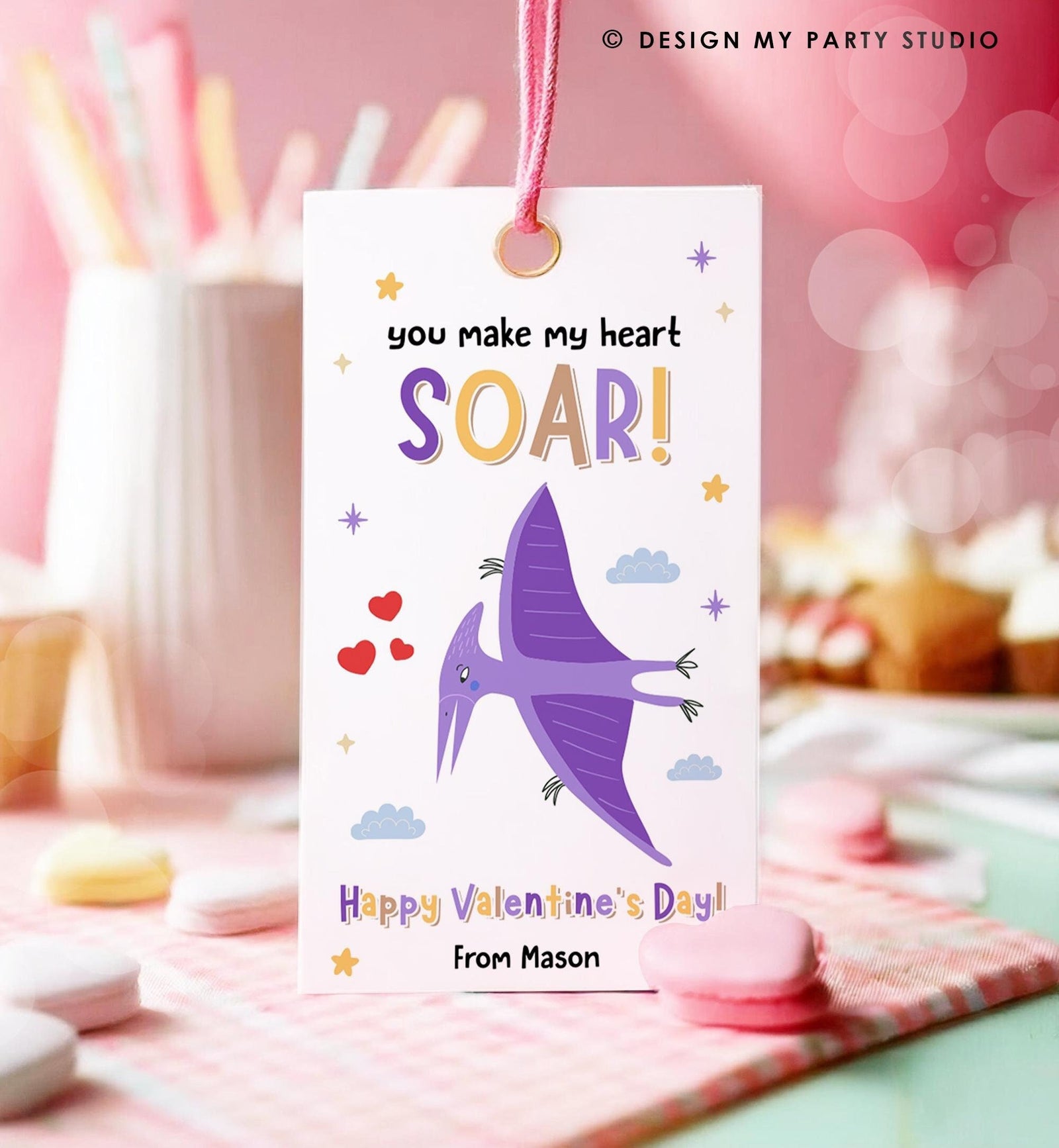 Editable You Make My Heart Soar Valentines Day Gift Tag Flying Dinosaur Dino Pterosaurs Card Kids School Classroom Template Printable 0370