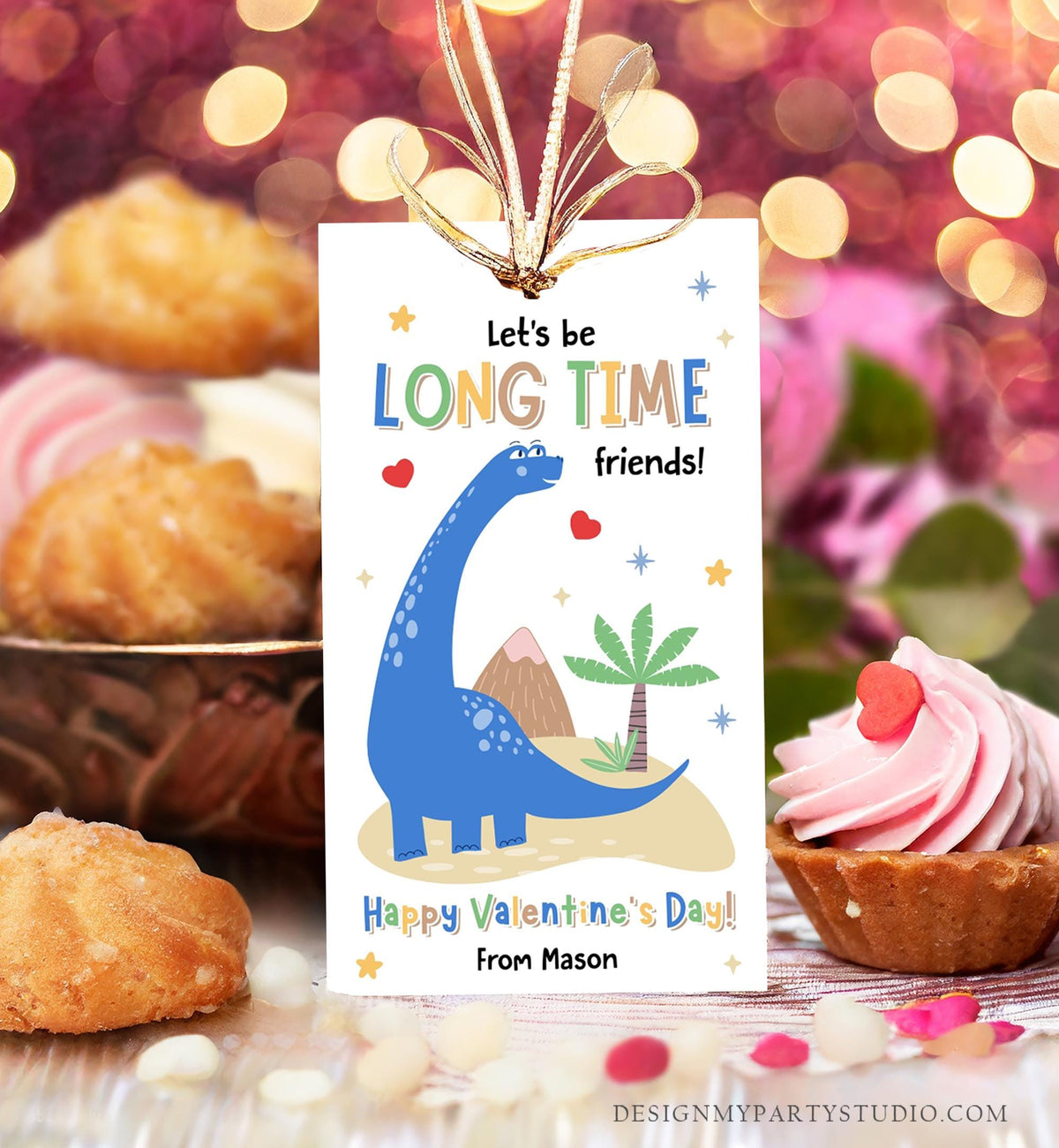 Editable Let&#39;s be Long Time Friends Valentines Day Gift Tag Dinosaur Dino Brachiosaurus Card Kids School Classroom Template Printable 0370