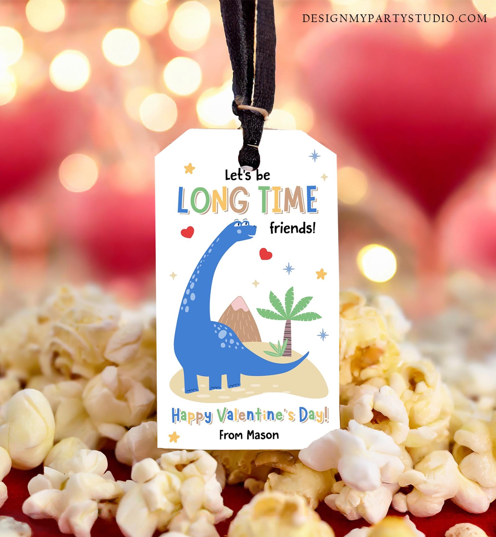 Editable Let's be Long Time Friends Valentines Day Gift Tag Dinosaur Dino Brachiosaurus Card Kids School Classroom Template Printable 0370