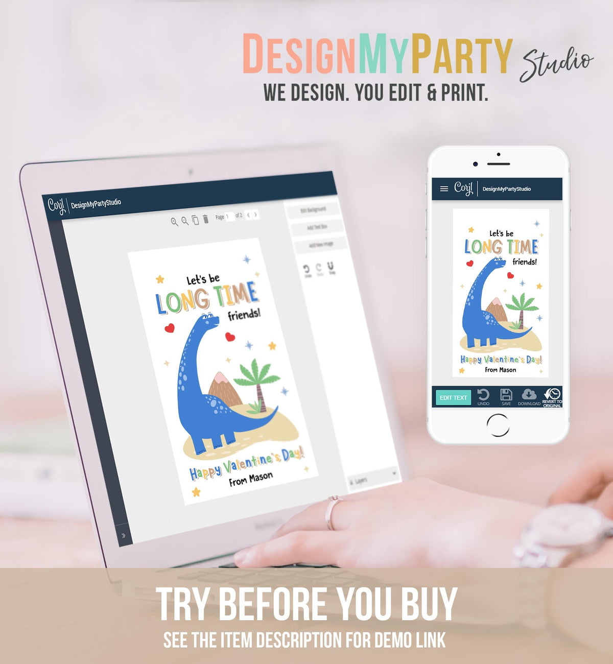 Editable Let&#39;s be Long Time Friends Valentines Day Gift Tag Dinosaur Dino Brachiosaurus Card Kids School Classroom Template Printable 0370