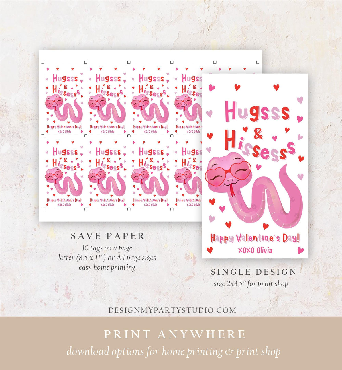 Editable Hugs and Hisses Valentines Day Gift Tag Valentine Snake Reptile Pink Girl Bag Favor Kids School Classroom Template Printable 0370