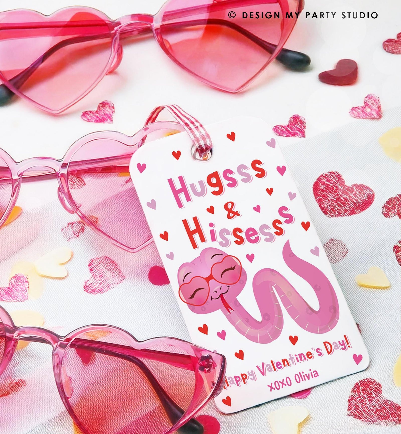Editable Hugs and Hisses Valentines Day Gift Tag Valentine Snake Reptile Pink Girl Bag Favor Kids School Classroom Template Printable 0370