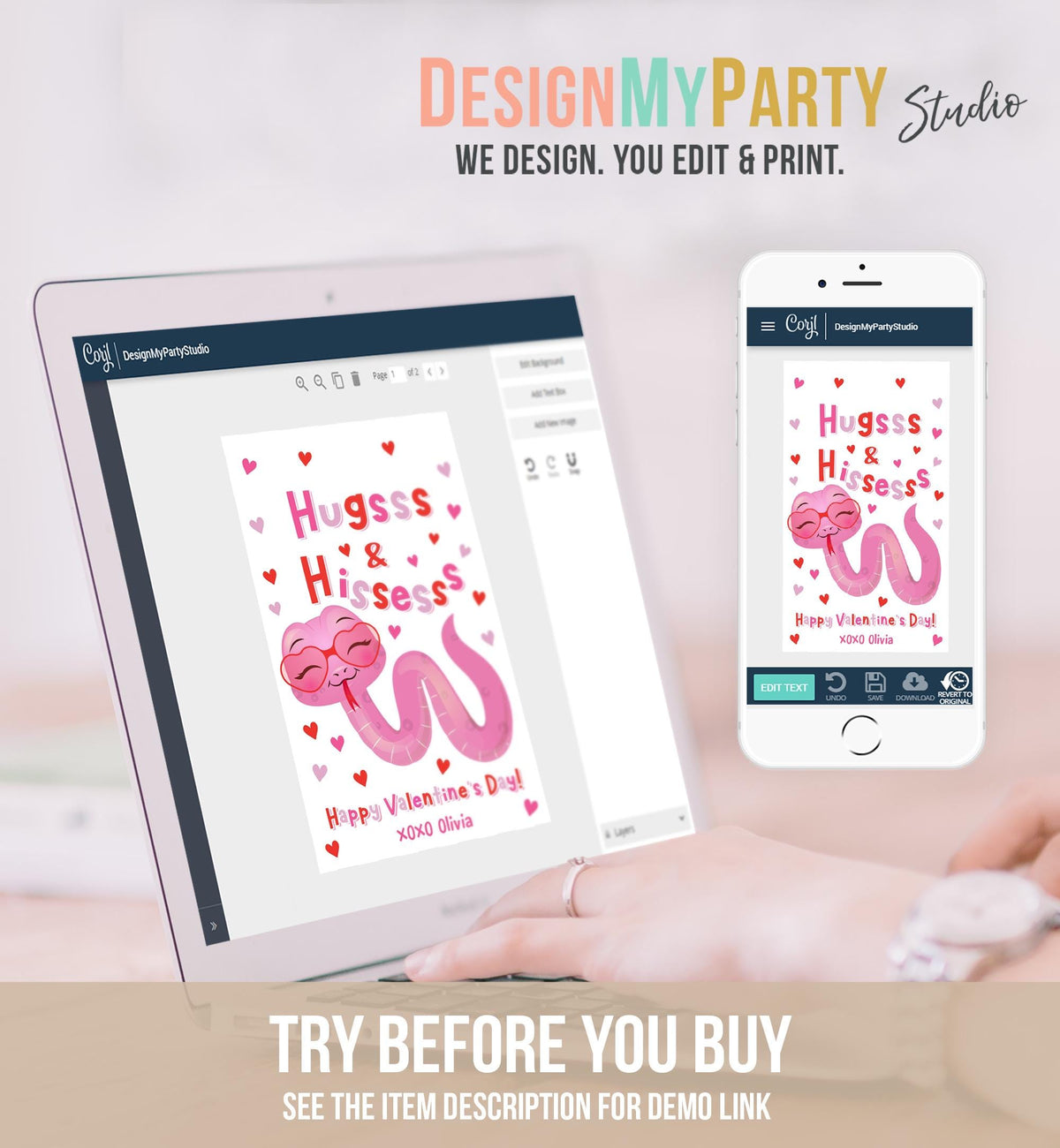 Editable Hugs and Hisses Valentines Day Gift Tag Valentine Snake Reptile Pink Girl Bag Favor Kids School Classroom Template Printable 0370