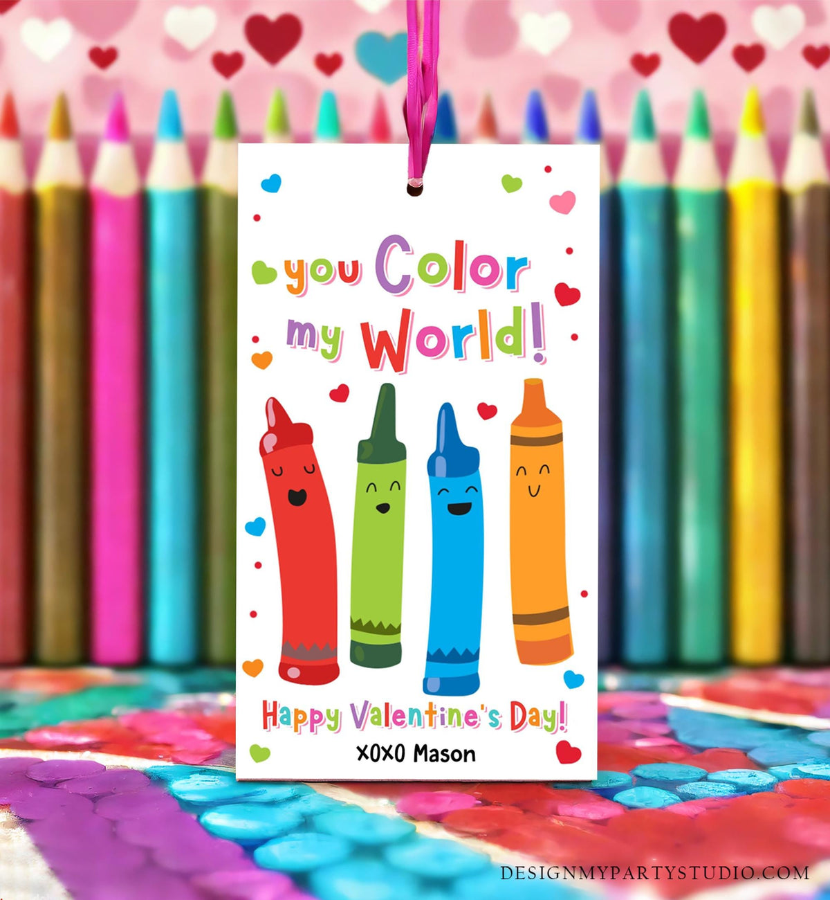 Editable You Color My World Crayon Valentines Day Gift Tag Valentine Paint Colors Bag Favor Kids School Classroom Template Printable 0370