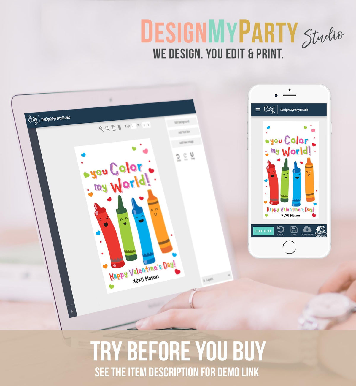 Editable You Color My World Crayon Valentines Day Gift Tag Valentine Paint Colors Bag Favor Kids School Classroom Template Printable 0370