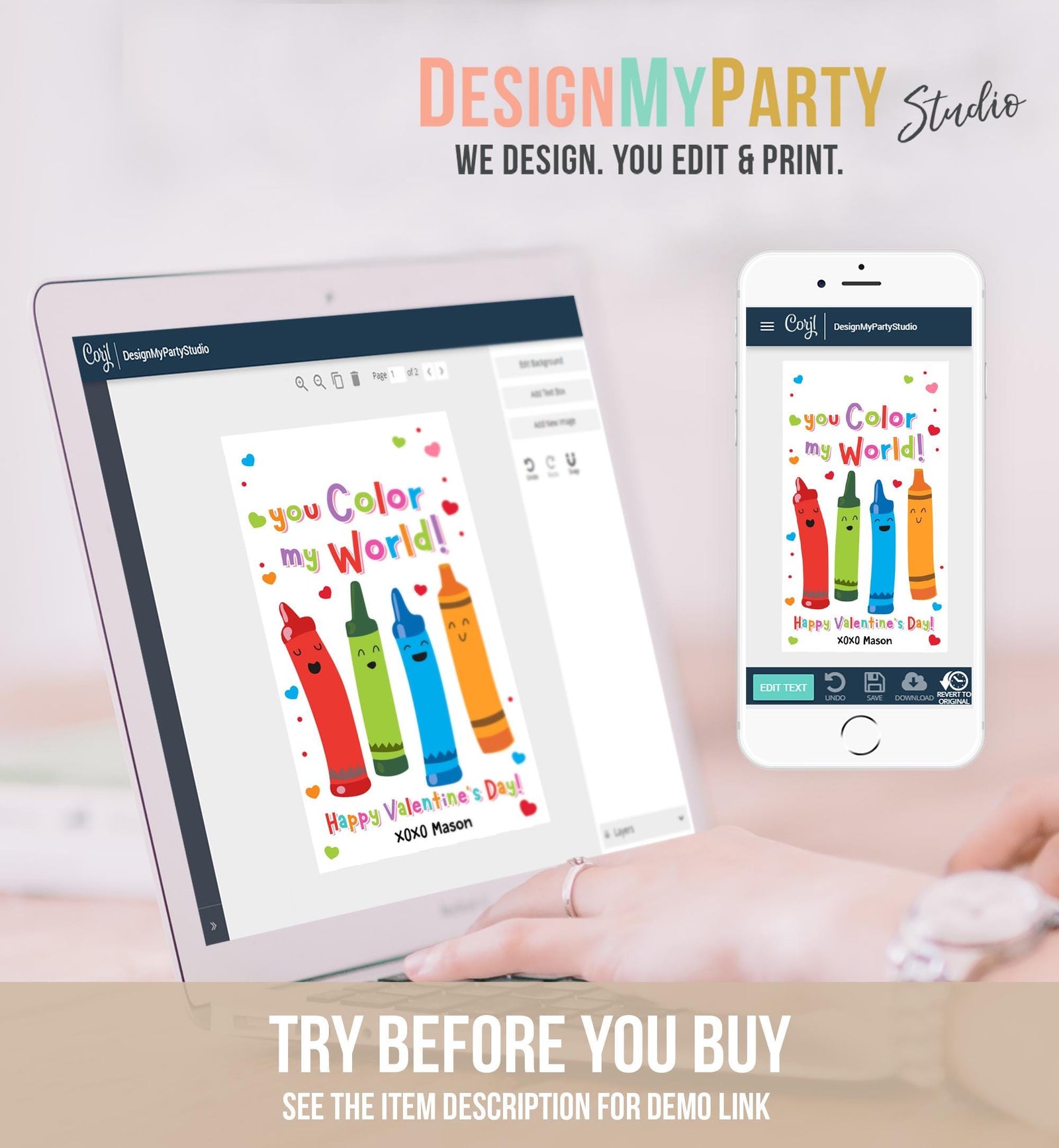 Editable You Color My World Crayon Valentines Day Gift Tag Valentine Paint Colors Bag Favor Kids School Classroom Template Printable 0370