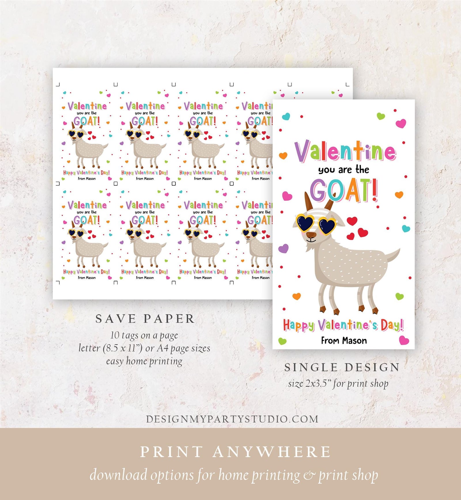 Editable Valentine You Are the GOAT Valentines Day Gift Tag Valentine Greatest of All Time Kids School Classroom Template Printable 0370