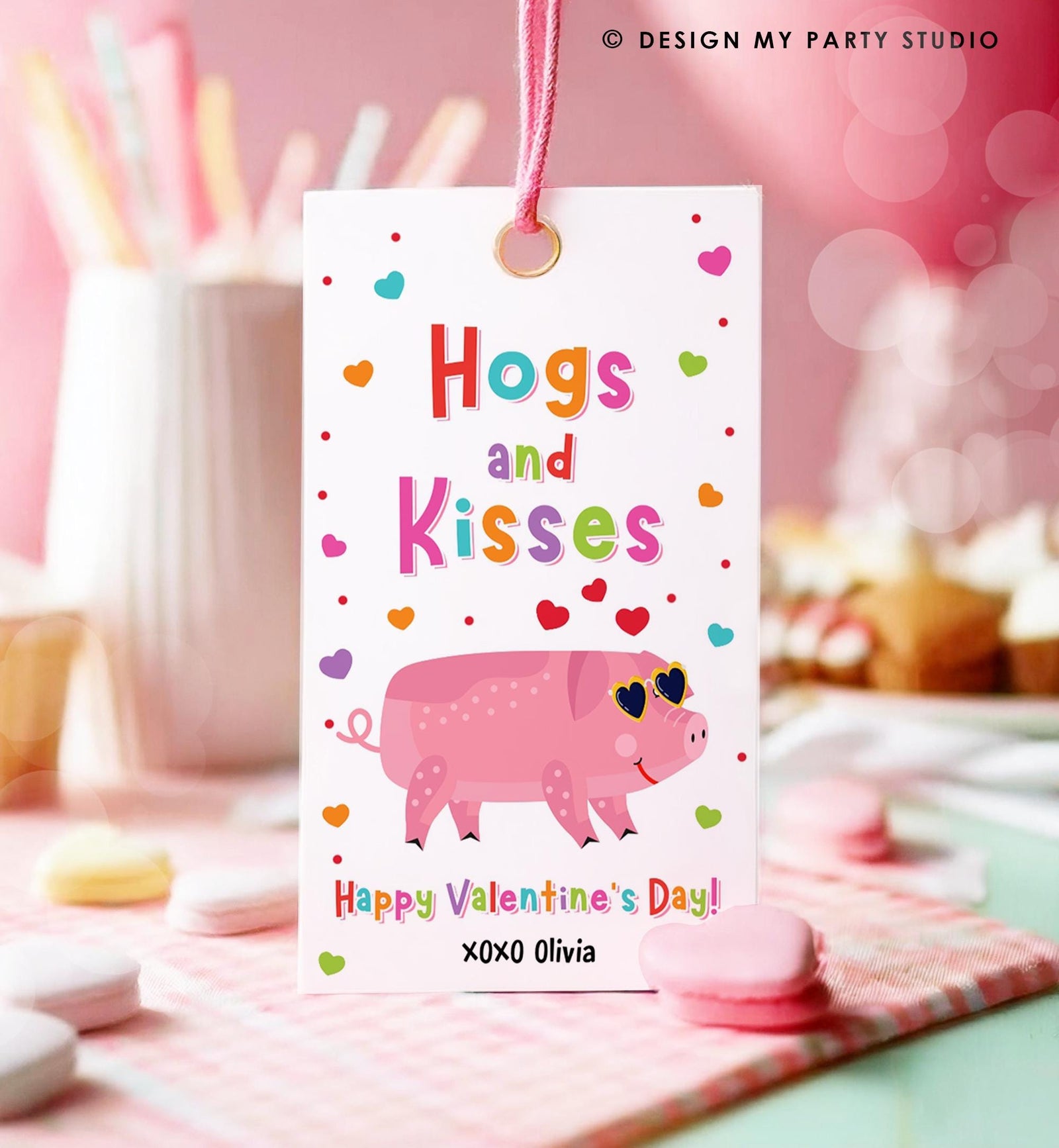 Editable Hogs and Kisses Valentines Day Gift Tag Valentine Pig Deal Farm Animals Hoggy Bacon Kids School Classroom Template Printable 0370