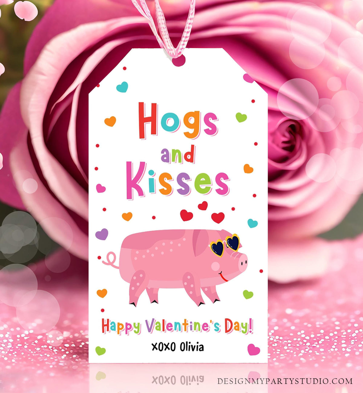 Editable Hogs and Kisses Valentines Day Gift Tag Valentine Pig Deal Farm Animals Hoggy Bacon Kids School Classroom Template Printable 0370