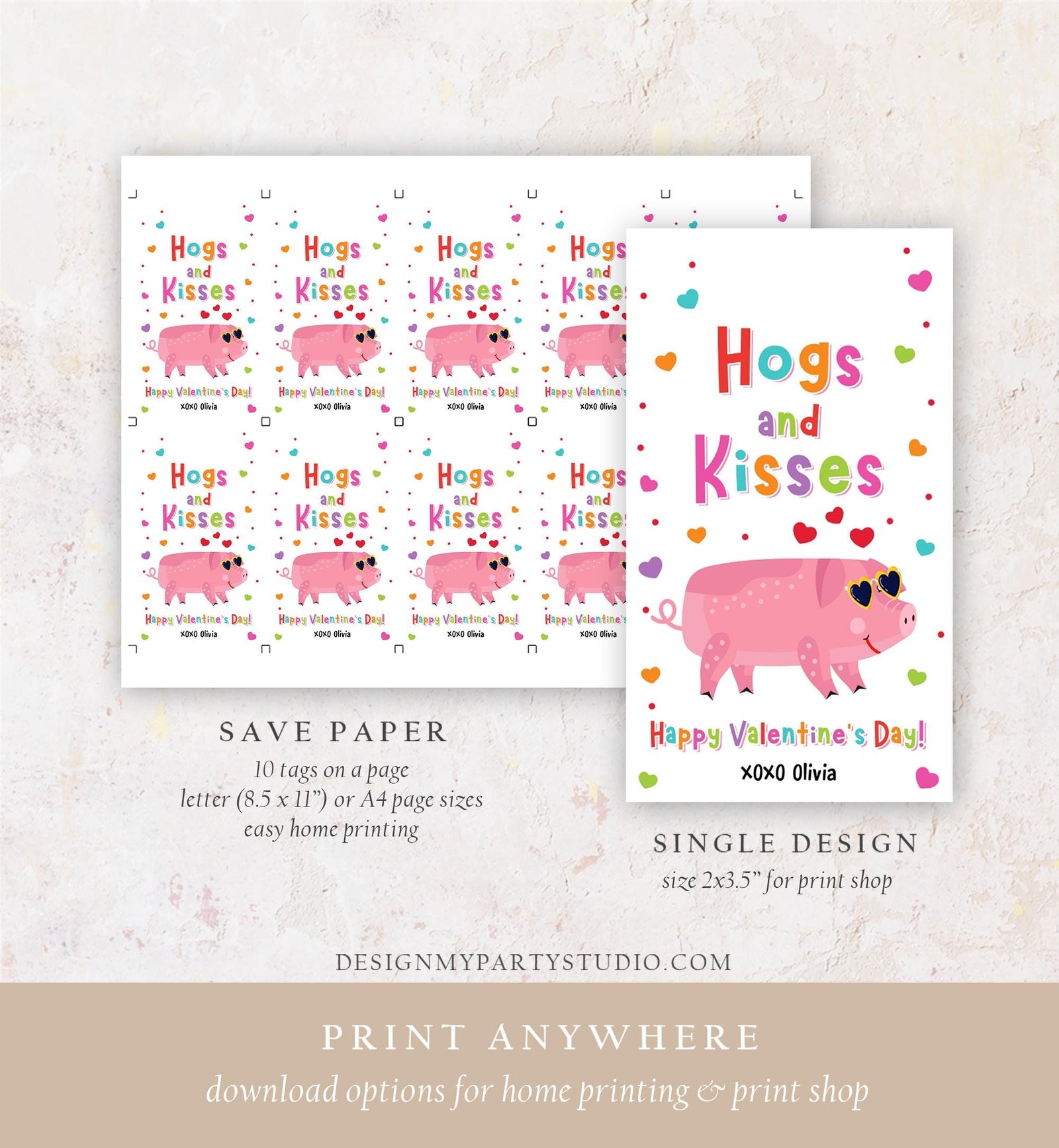 Editable Hogs and Kisses Valentines Day Gift Tag Valentine Pig Deal Farm Animals Hoggy Bacon Kids School Classroom Template Printable 0370