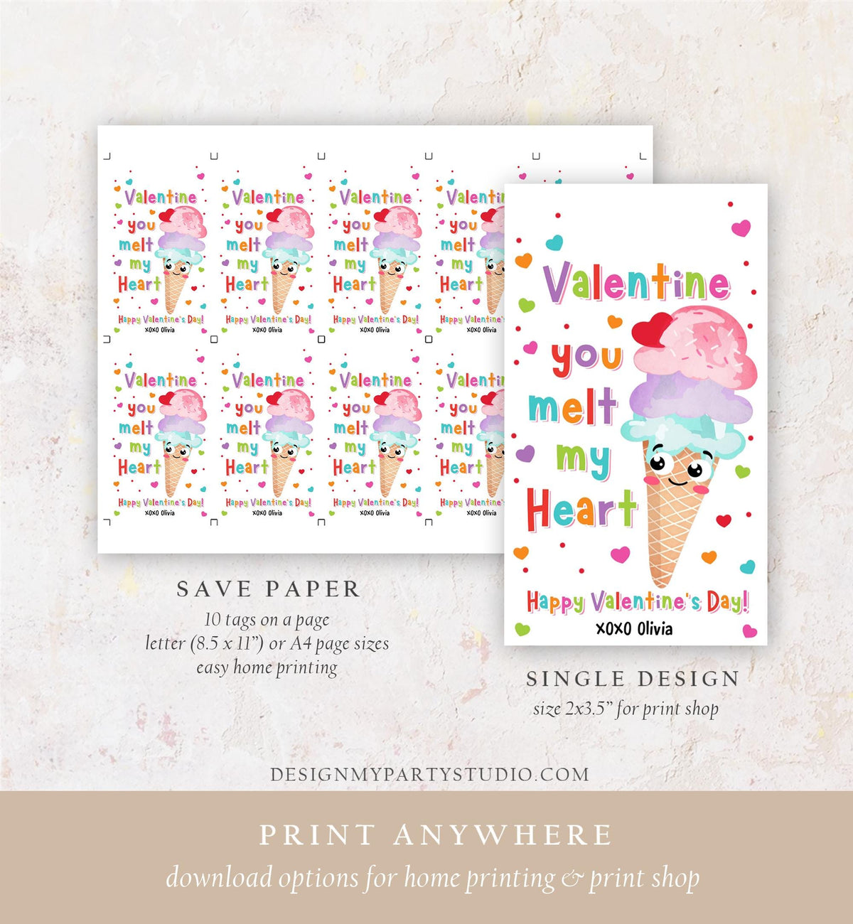 Editable Ice Cream Valentines Day Gift Tag Valentine You Melt My Heart Here&#39;s the Scoop Candy Heart School Classroom Template Printable 0370