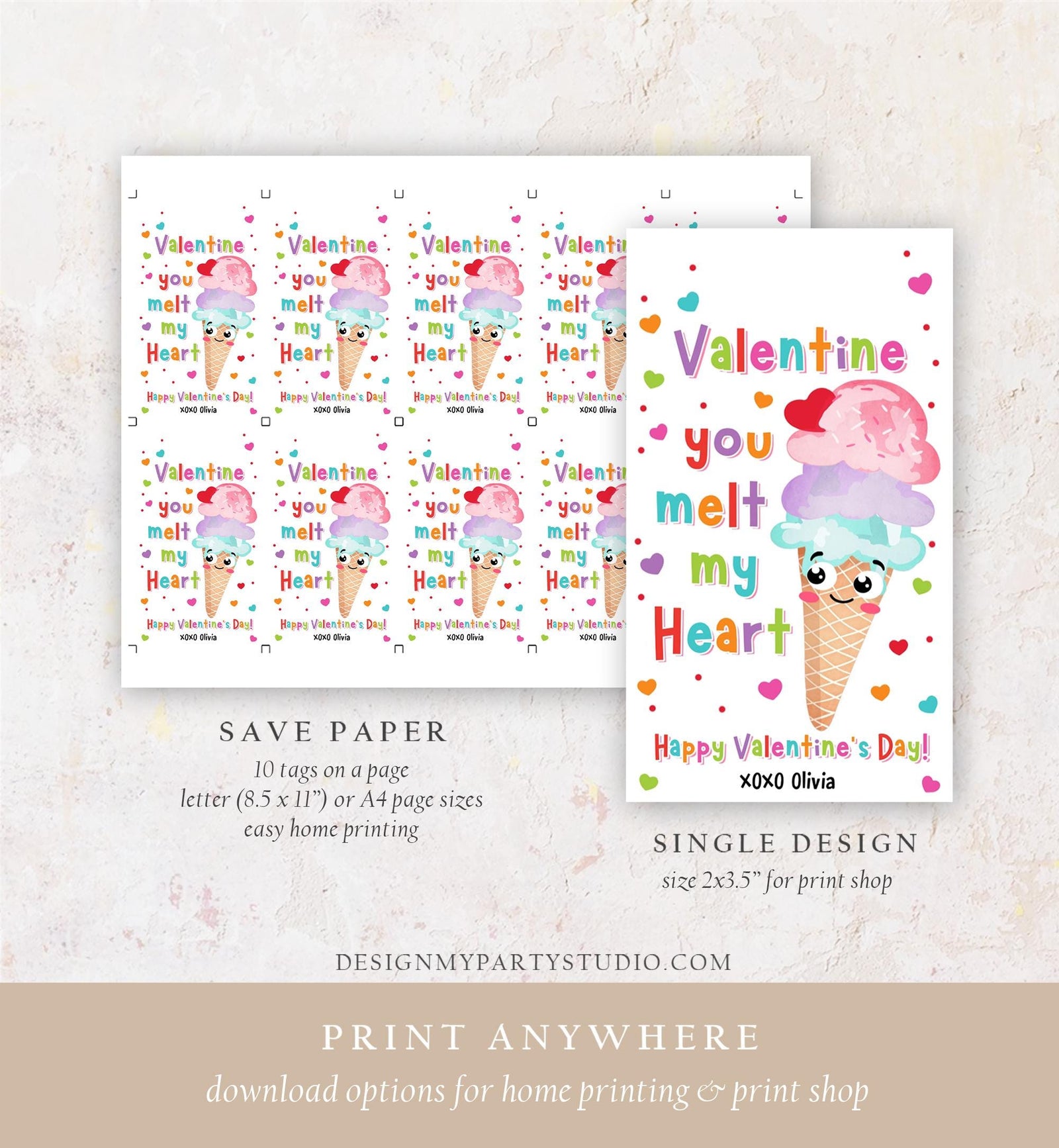 Editable Ice Cream Valentines Day Gift Tag Valentine You Melt My Heart Here's the Scoop Candy Heart School Classroom Template Printable 0370