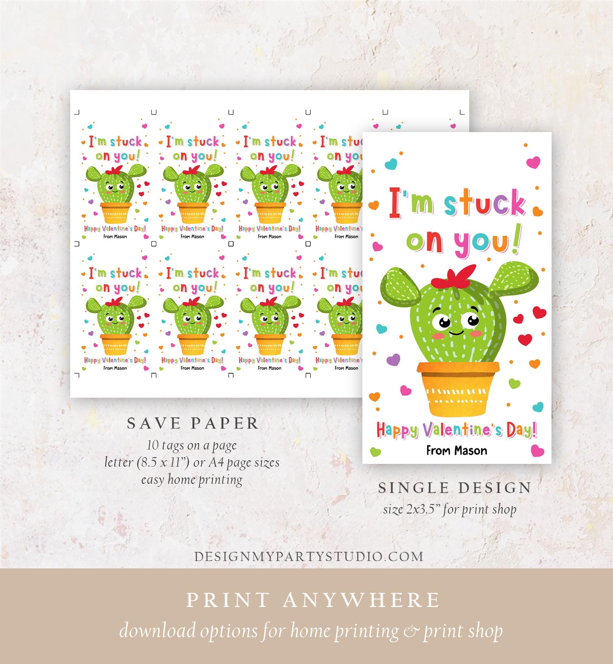 Editable I'm Stuck on You Valentines Day Gift Tag Cactus Fiesta Succulent You Rock Card Favor Kids School Classroom Template Printable 0370